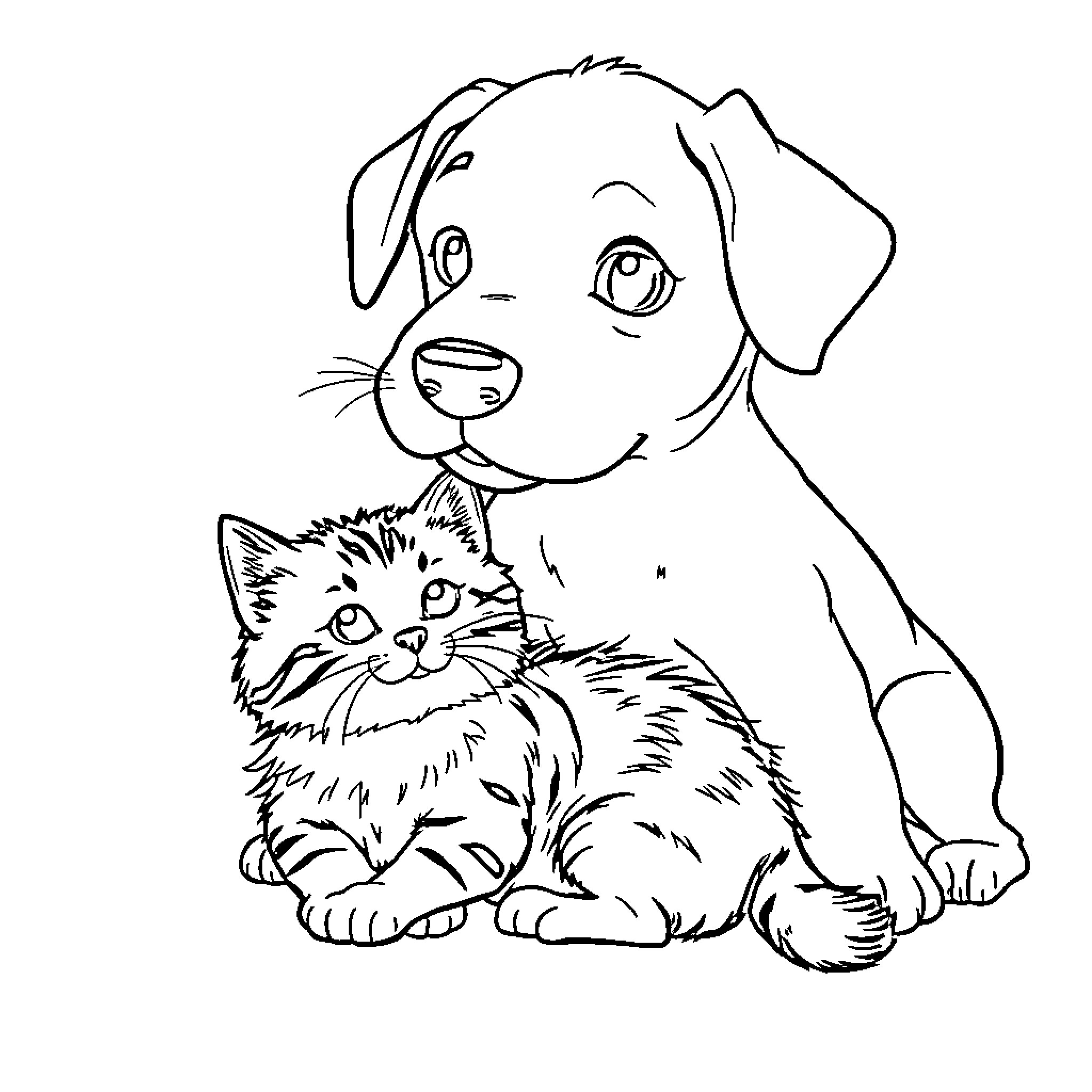 Dog and Cat sitting together Coloring Page (free black-and-white line drawing printable PDF for all, from beginners to advanced learners, including children, teens, adults, and seniors)
