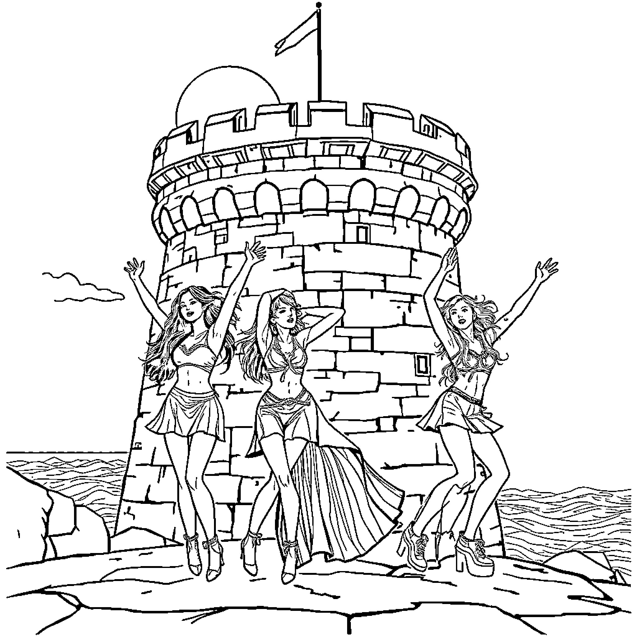 Guerreras: Empowered Women Celebrating on a Fortress Coloring Page (free black-and-white line drawing printable PDF for all, from beginners to advanced learners, including children, teens, adults, and seniors)