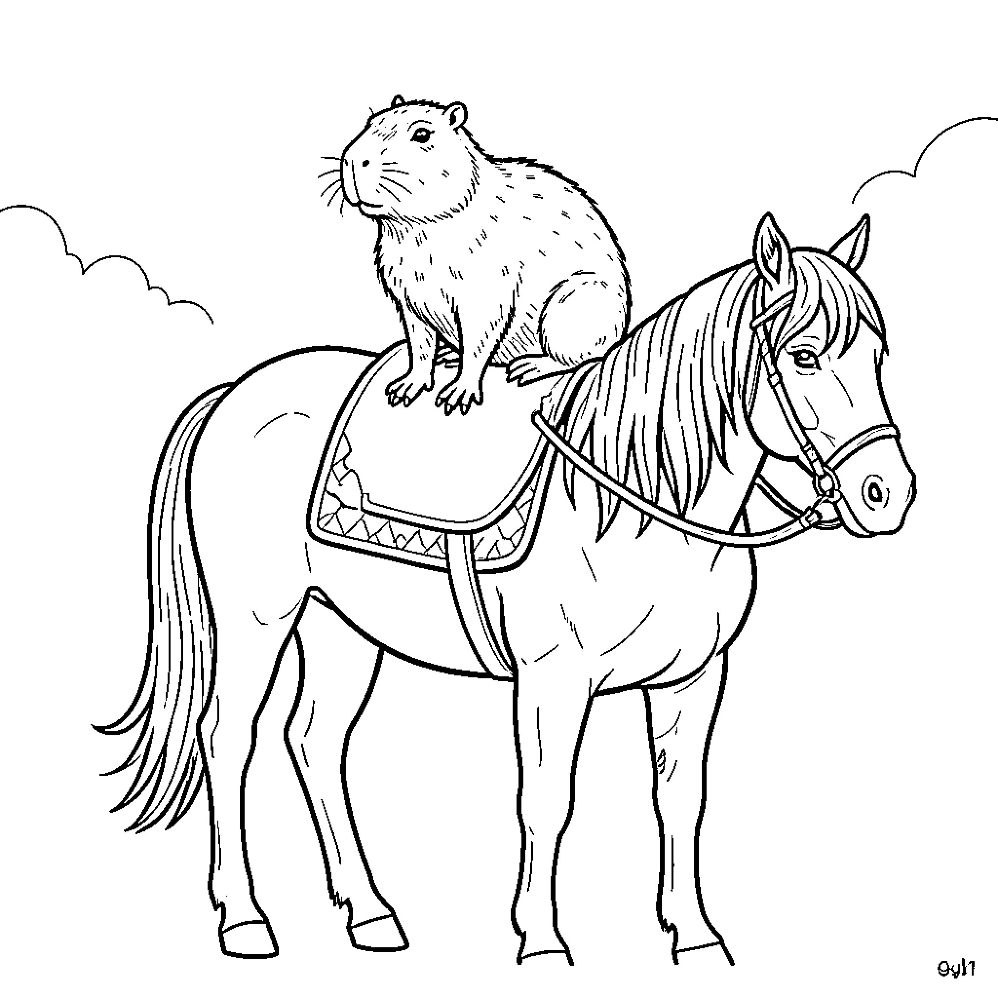 Capybara sitting on top of a horse Coloring Page (free black-and-white line drawing printable PDF for all, from beginners to advanced learners, including children, teens, adults, and seniors)