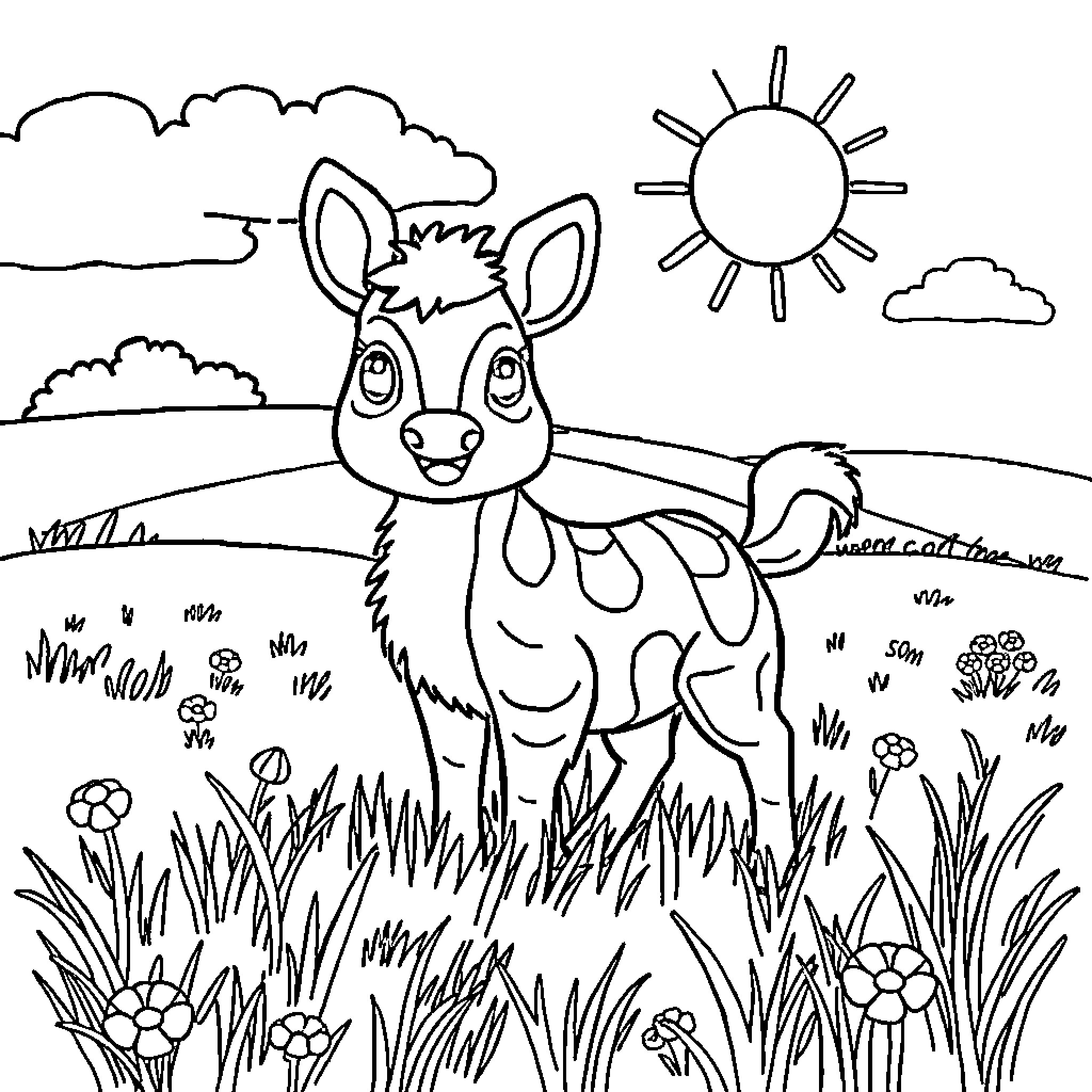 Animal playing joyfully in lush meadow Coloring Page (free black-and-white line drawing printable PDF for all, from beginners to advanced learners, including children, teens, adults, and seniors)