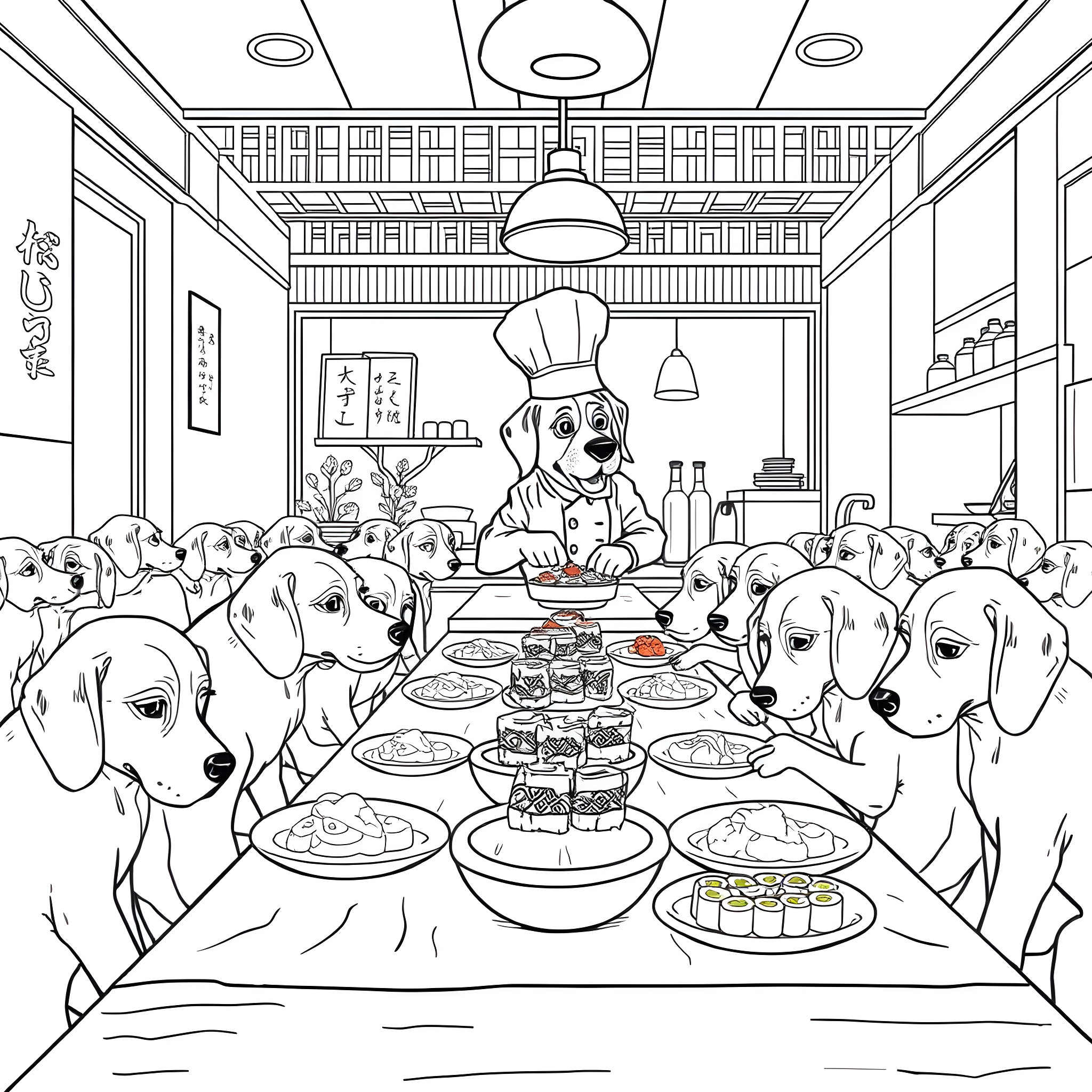 Beagle chef cooking for a hungry pack Coloring Page (free black-and-white line drawing printable PDF for all, from beginners to advanced learners, including children, teens, adults, and seniors)