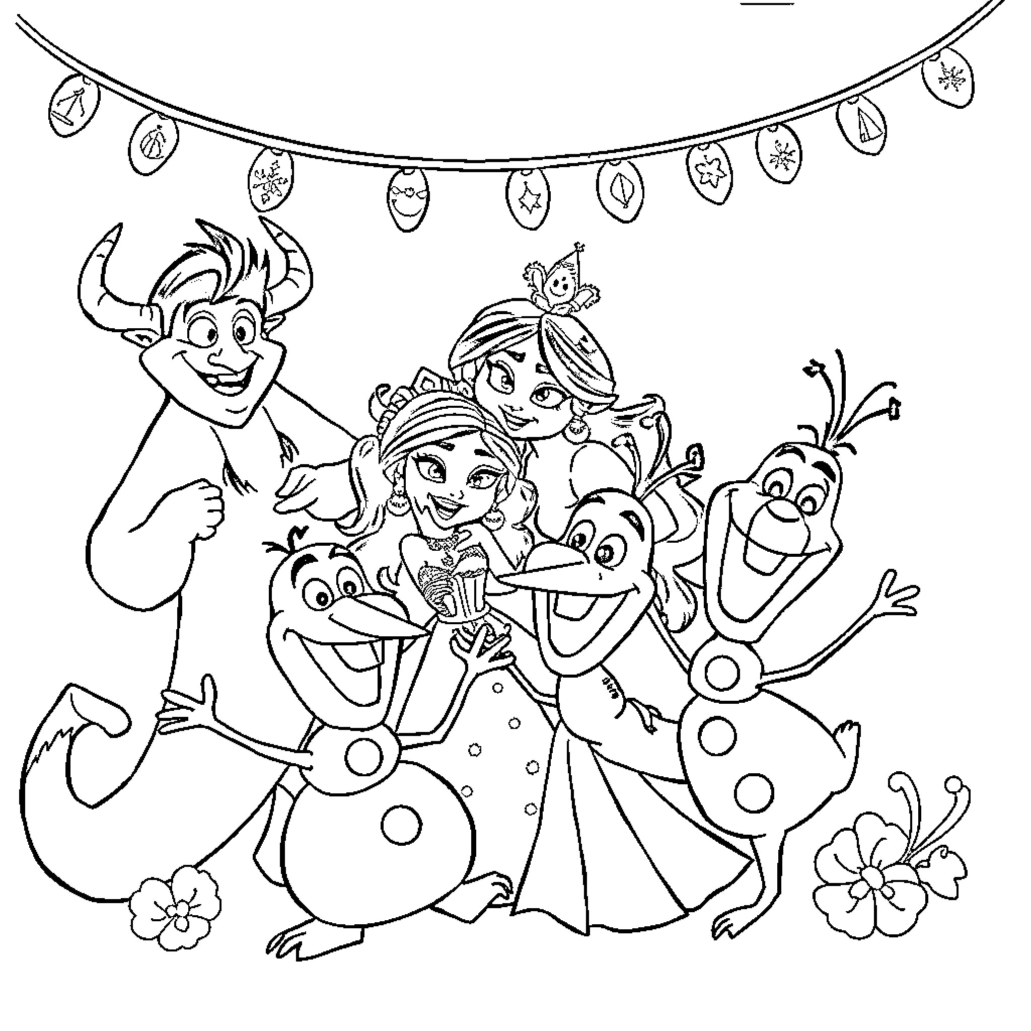 Disney Characters Celebrating Festive Occasion Coloring Page (free black-and-white line drawing printable PDF for all, from beginners to advanced learners, including children, teens, adults, and seniors)