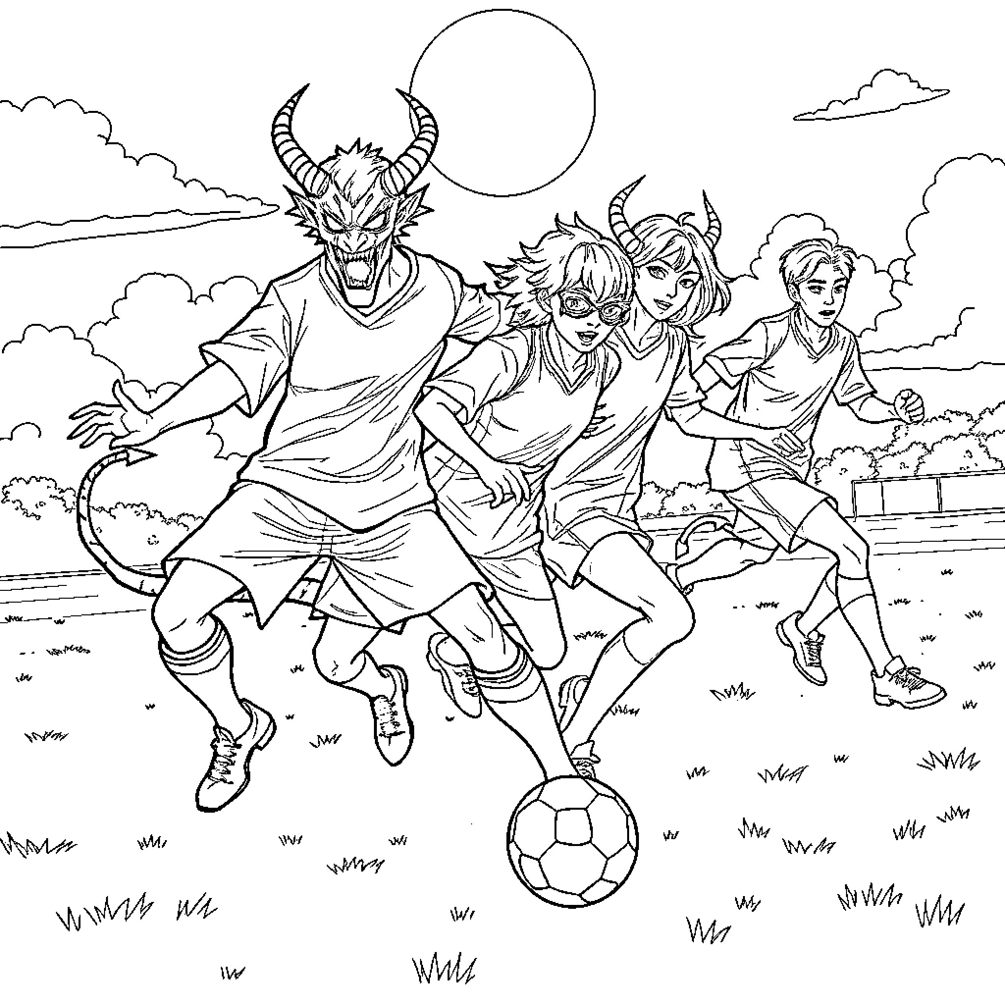 K Pop Scene with Animated Characters Playing Soccer Coloring Page (free black-and-white line drawing printable PDF for all, from beginners to advanced learners, including children, teens, adults, and seniors)