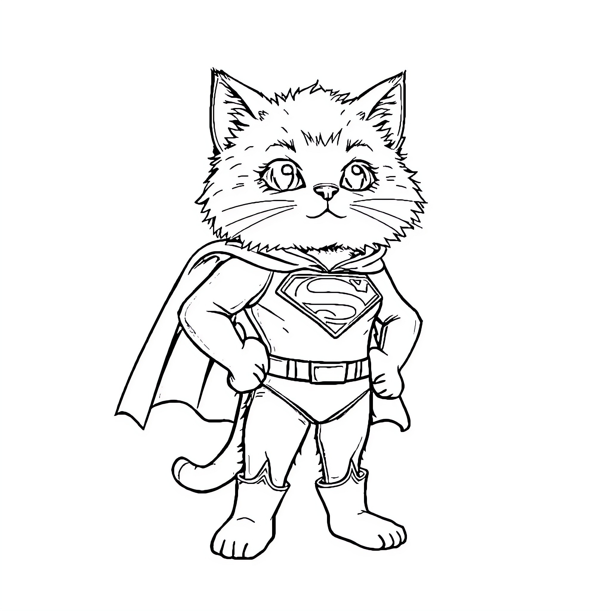 Cat dressed as a superhero Coloring Page (free black-and-white line drawing printable PDF for all, from beginners to advanced learners, including children, teens, adults, and seniors)