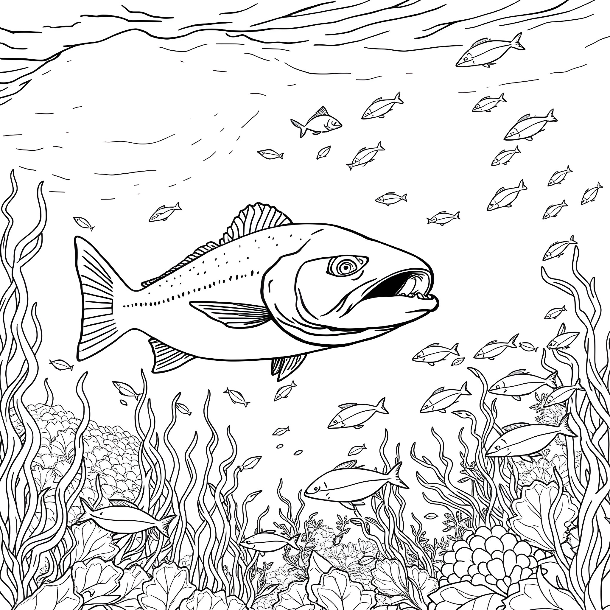 Salmon swimming among underwater plants and fish Coloring Page (free black-and-white line drawing printable PDF for all, from beginners to advanced learners, including children, teens, adults, and seniors)