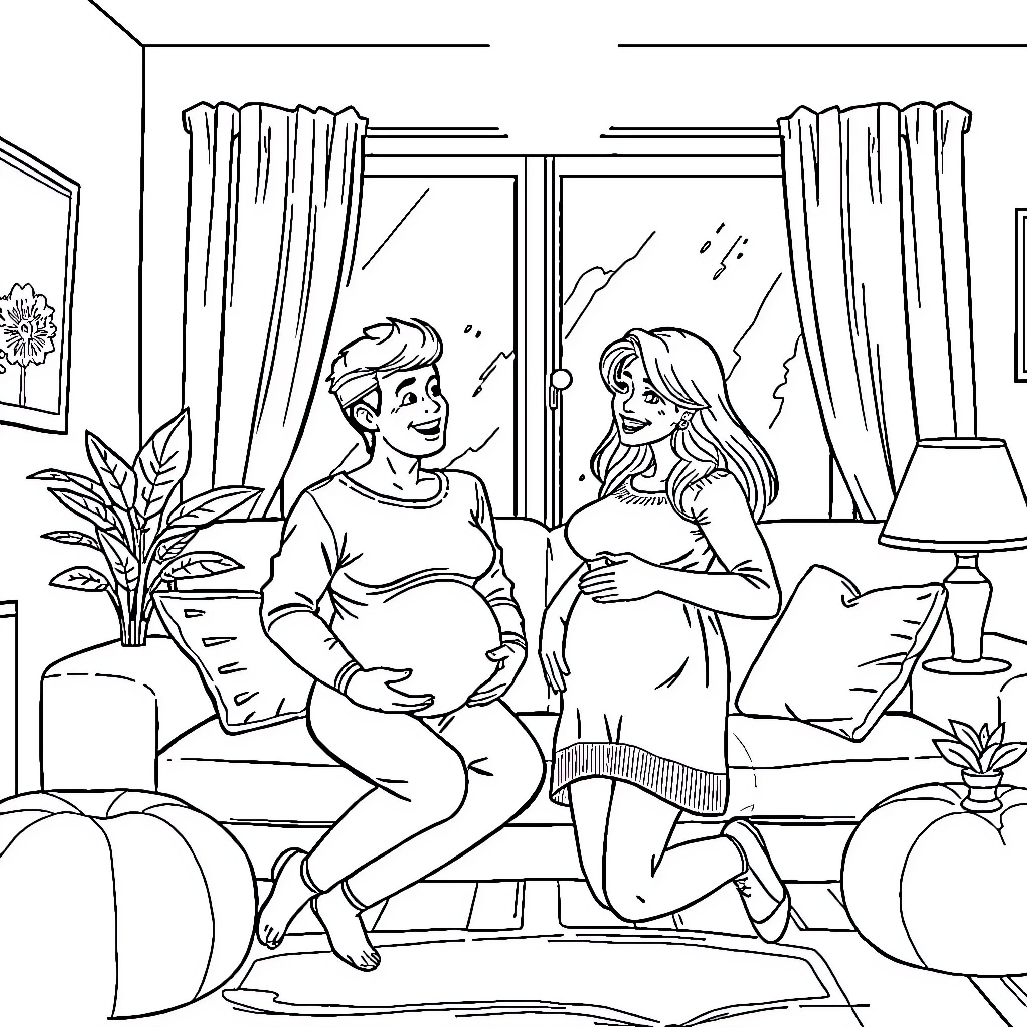 Couple relaxing together on the couch Coloring Page (free black-and-white line drawing printable PDF for all, from beginners to advanced learners, including children, teens, adults, and seniors)