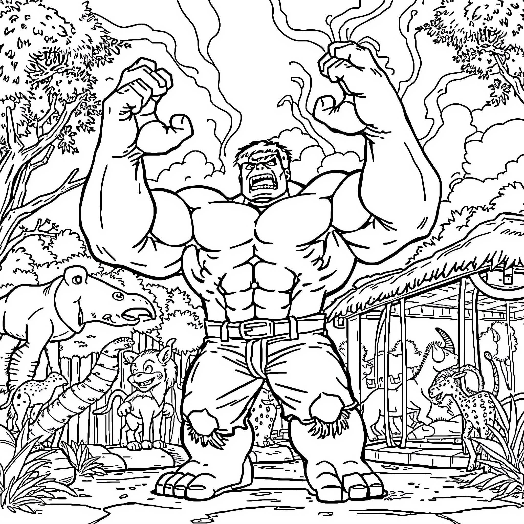 Hulk Unleashing Powerful Roar in Lush Wilderness Coloring Page (free black-and-white line drawing printable PDF for all, from beginners to advanced learners, including children, teens, adults, and seniors)