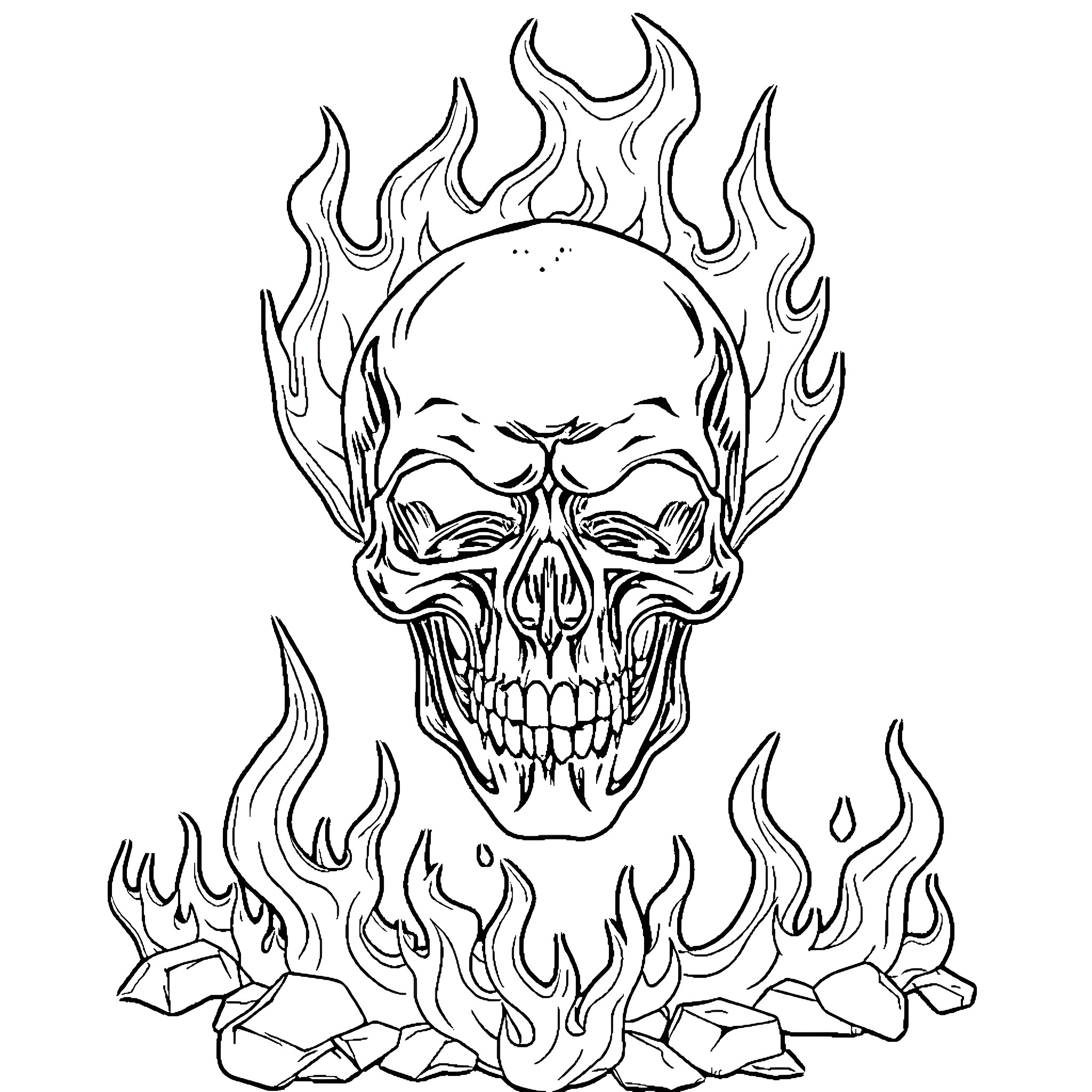 Skull on fire with hellish flames Coloring Page (free black-and-white line drawing printable PDF for all, from beginners to advanced learners, including children, teens, adults, and seniors)