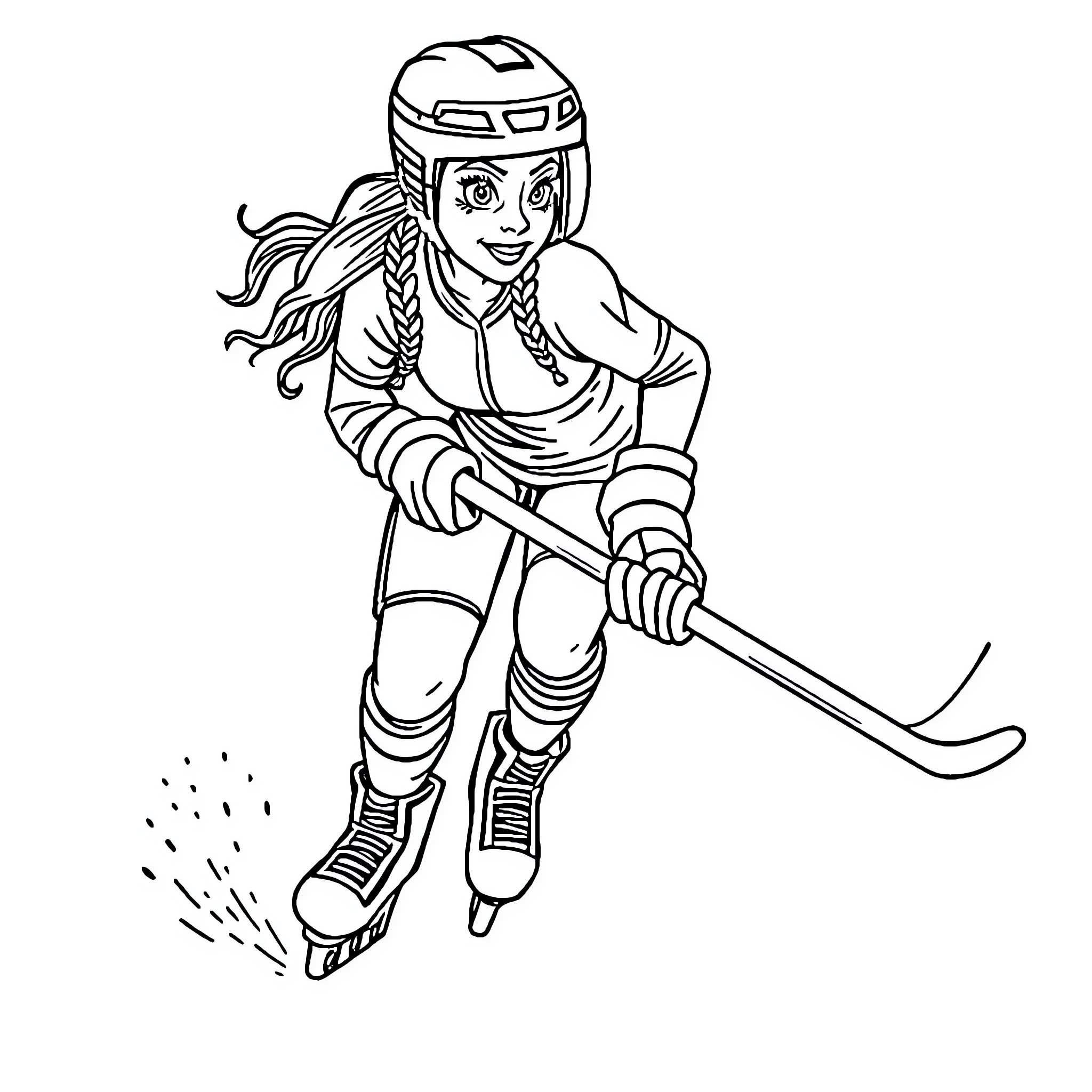 Hockey Player in Action on the Ice Coloring Page (free black-and-white line drawing printable PDF for all, from beginners to advanced learners, including children, teens, adults, and seniors)