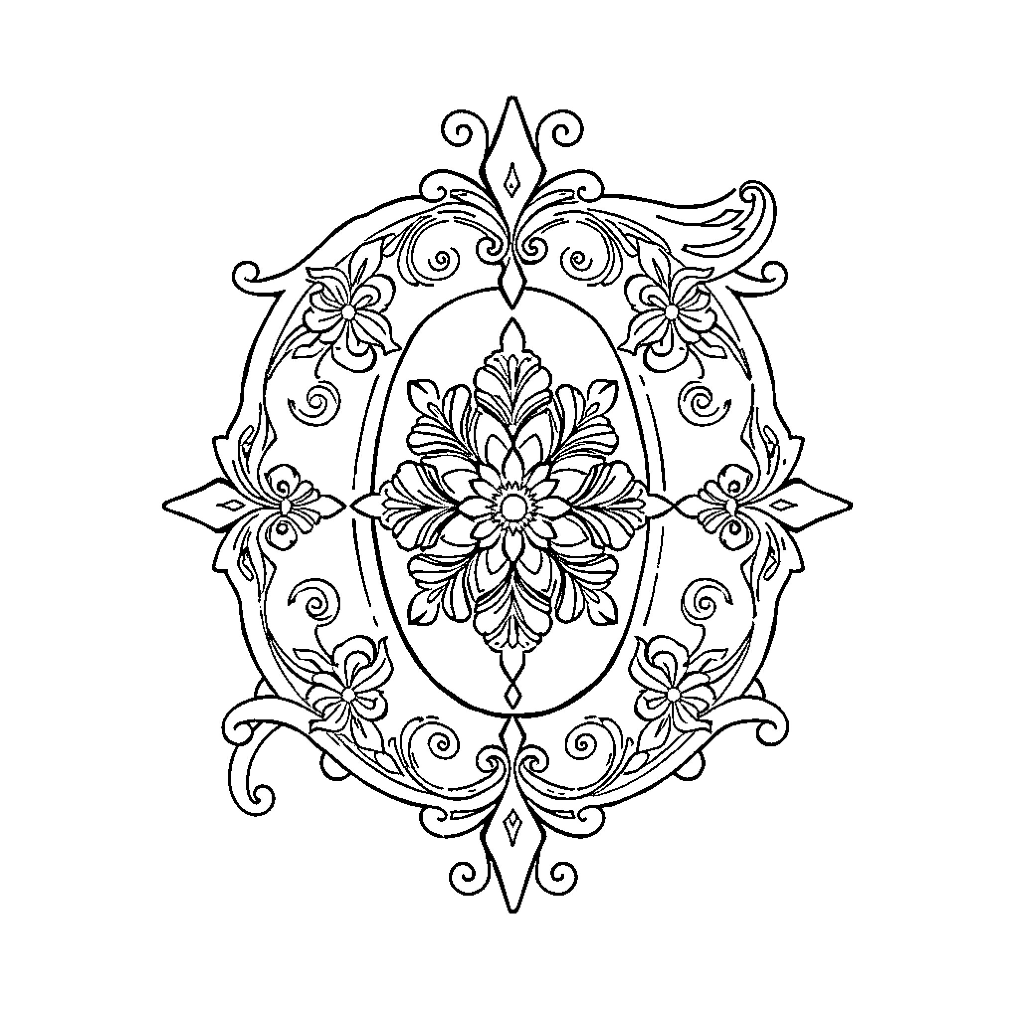 Letter S: Ornate Floral Mandala Design Coloring Page (free black-and-white line drawing printable PDF for all, from beginners to advanced learners, including children, teens, adults, and seniors)
