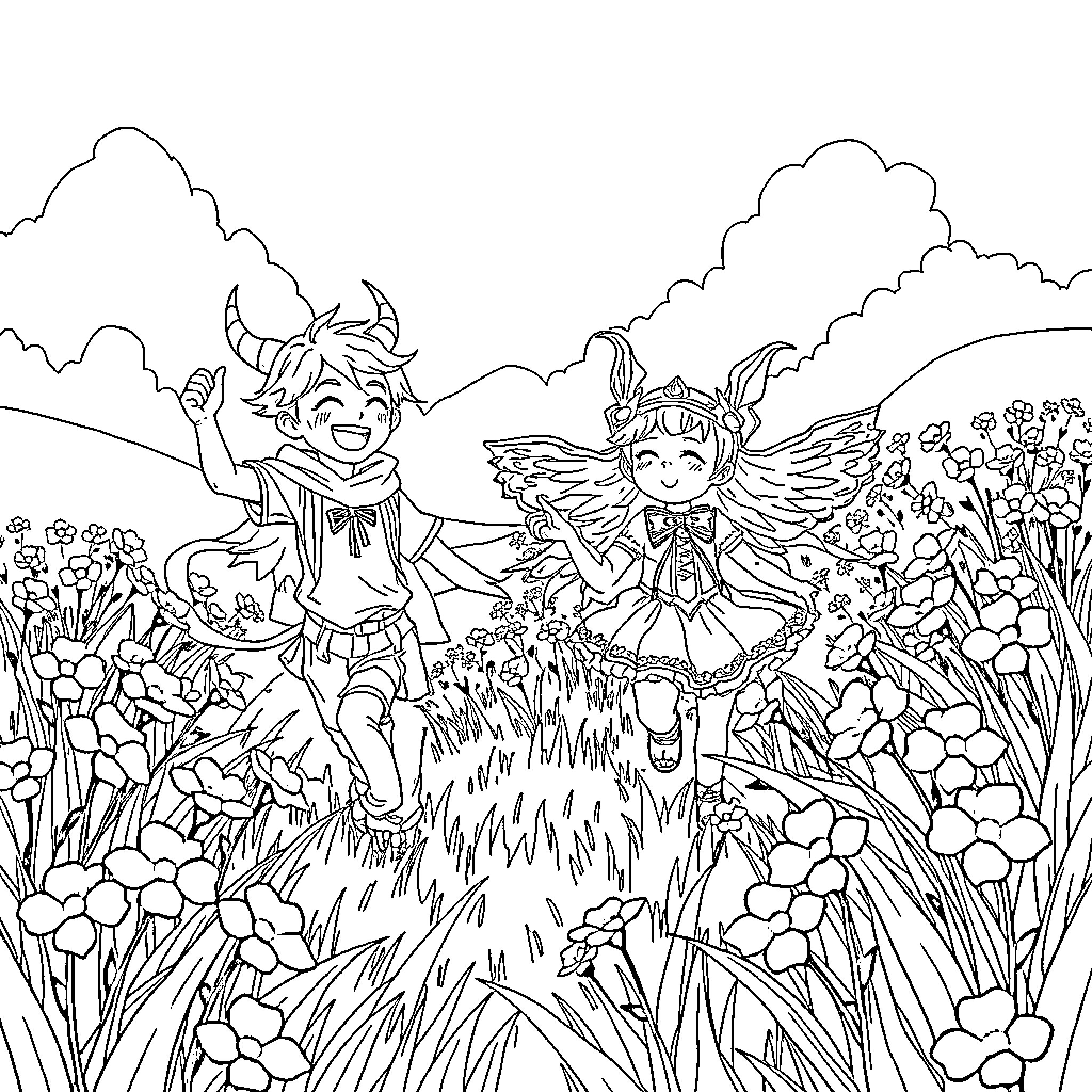 Rumi's Magical Adventure in the Enchanted Forest Coloring Page (free black-and-white line drawing printable PDF for all, from beginners to advanced learners, including children, teens, adults, and seniors)