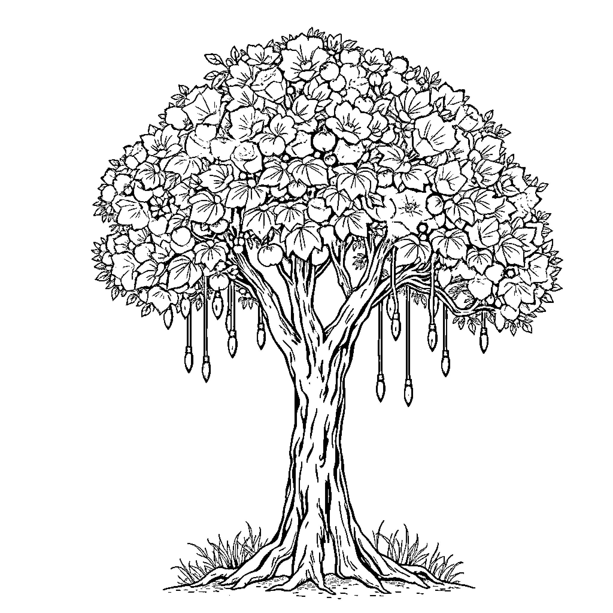 Tree of Blossoming Flowers Coloring Page (free black-and-white line drawing printable PDF for all, from beginners to advanced learners, including children, teens, adults, and seniors)