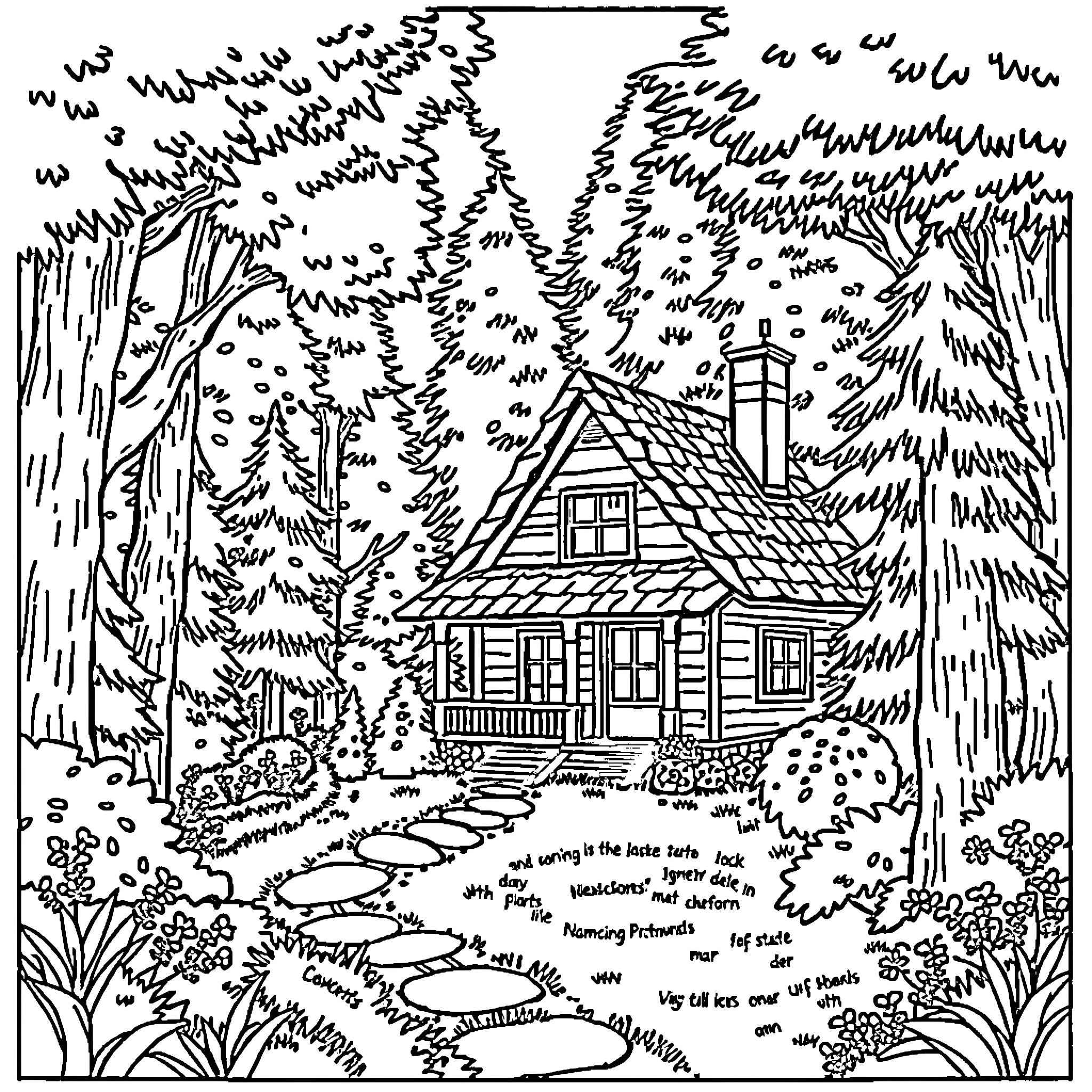 Cottage nestled in a serene forest landscape Coloring Page (free black-and-white line drawing printable PDF for all, from beginners to advanced learners, including children, teens, adults, and seniors)