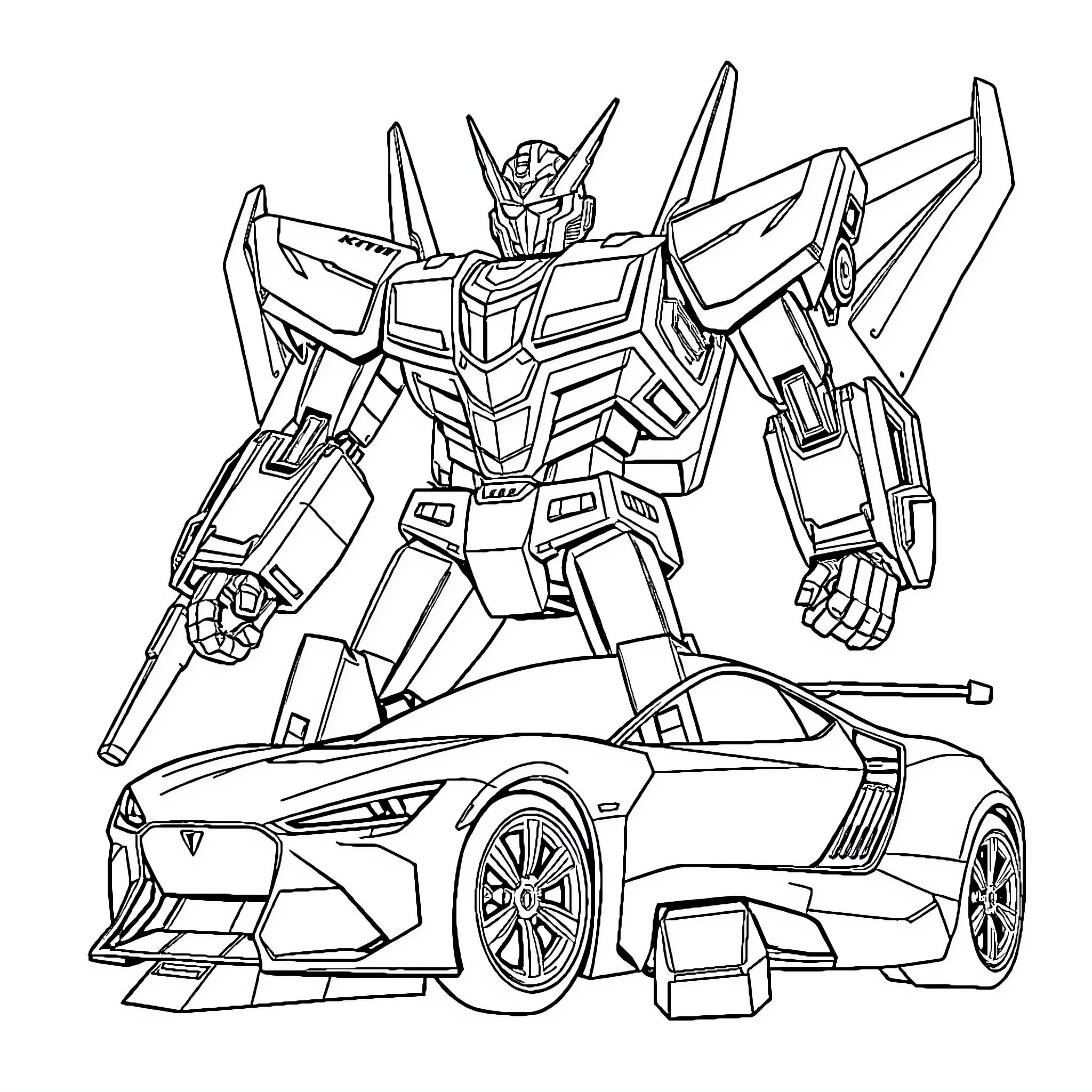 Voltron Mech Warrior and Sports Car Fusion Coloring Page (free black-and-white line drawing printable PDF for all, from beginners to advanced learners, including children, teens, adults, and seniors)