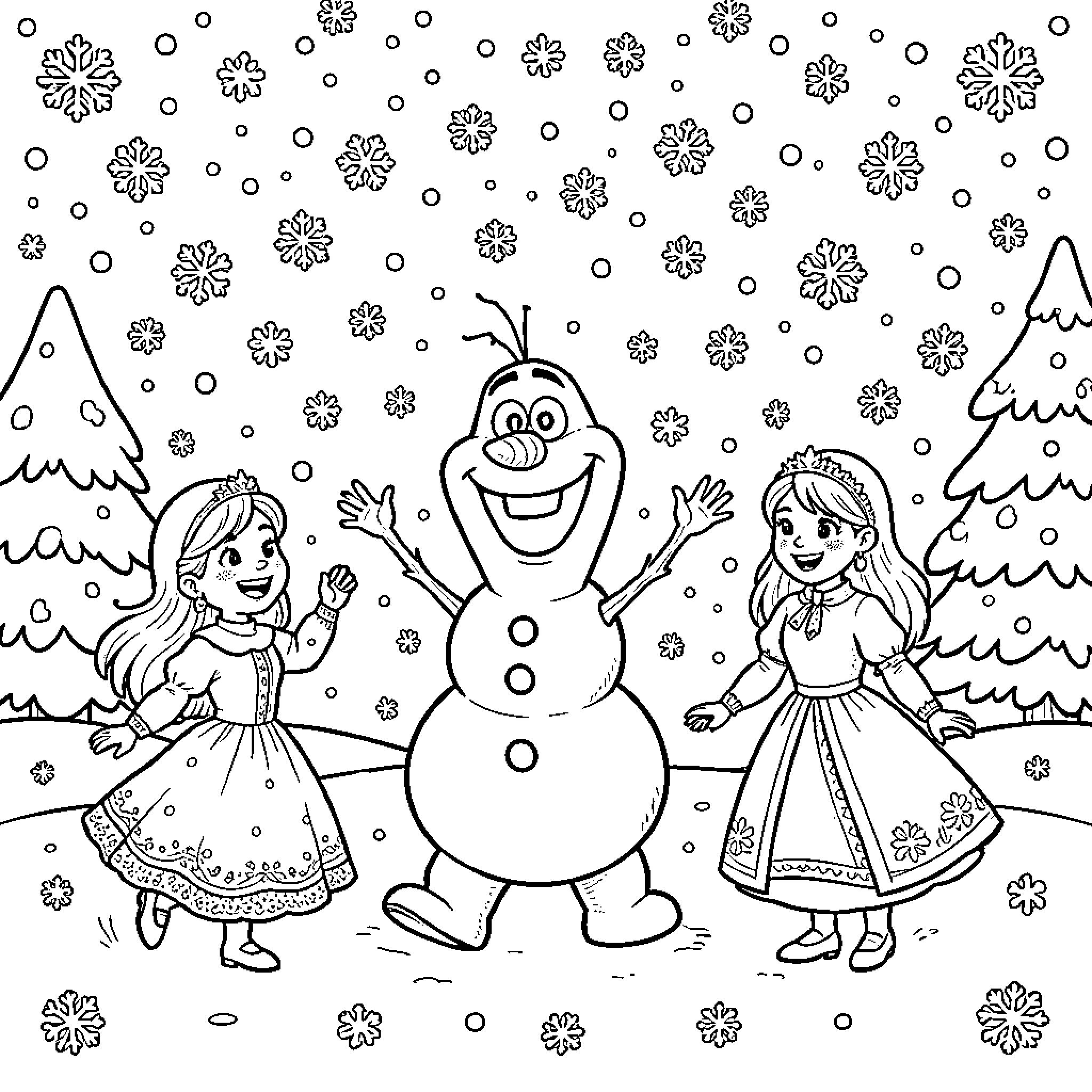 Olaf enjoying a snowy day with friends Coloring Page (free black-and-white line drawing printable PDF for all, from beginners to advanced learners, including children, teens, adults, and seniors)