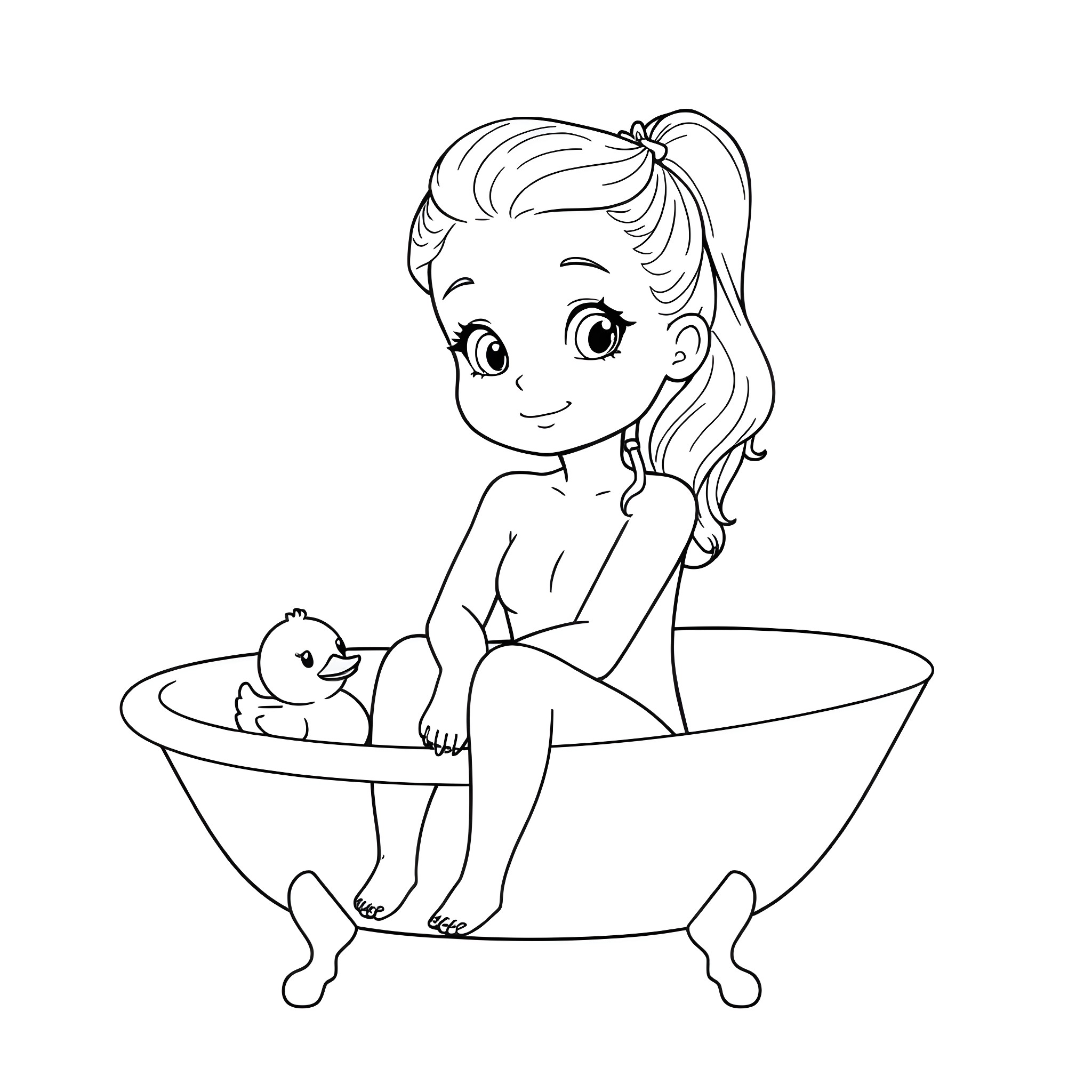 Sydney Sweeney Playfully Bathing with Rubber Duck Coloring Page (free black-and-white line drawing printable PDF for all, from beginners to advanced learners, including children, teens, adults, and seniors)