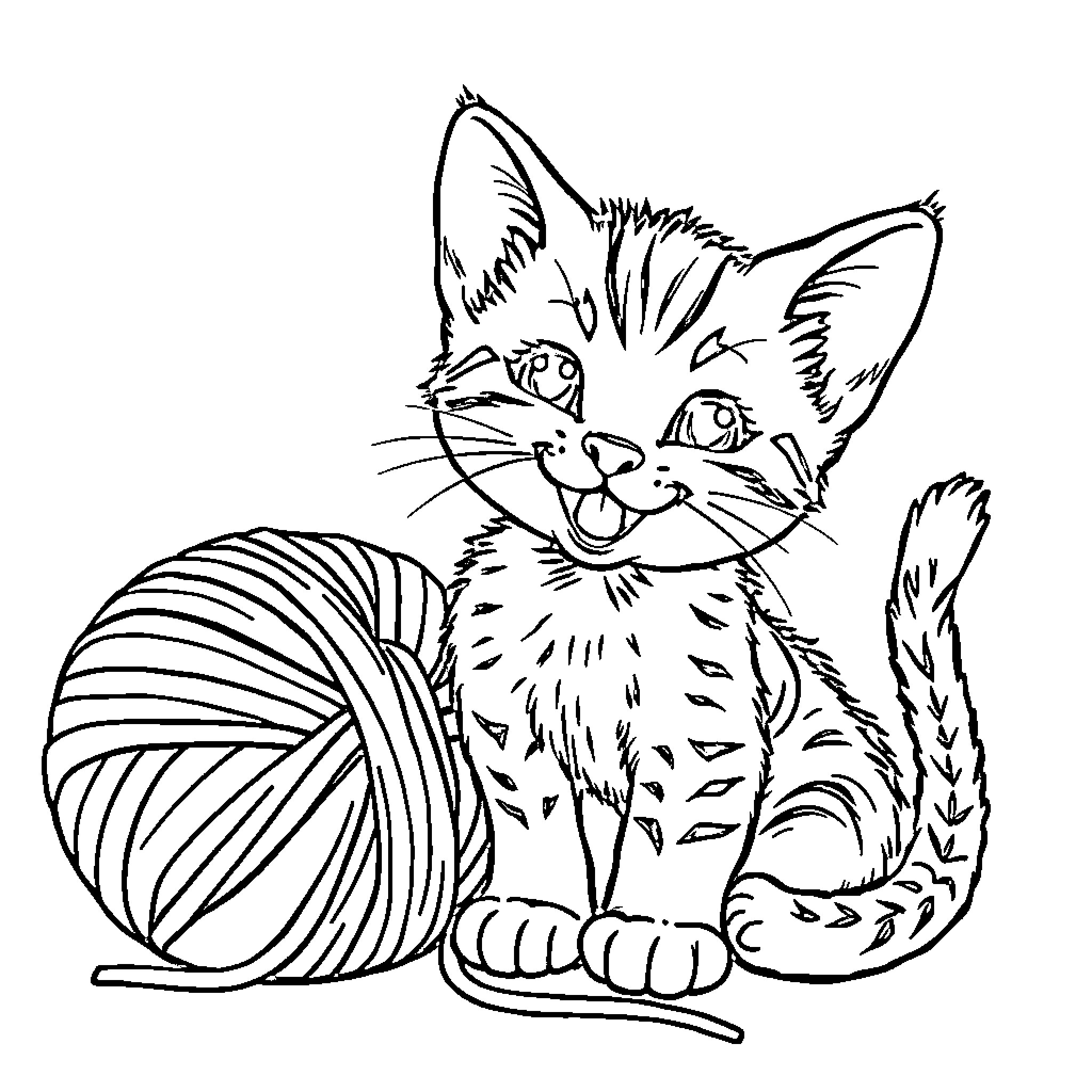 Kitten playing with yarn ball Coloring Page (free black-and-white line drawing printable PDF for all, from beginners to advanced learners, including children, teens, adults, and seniors)