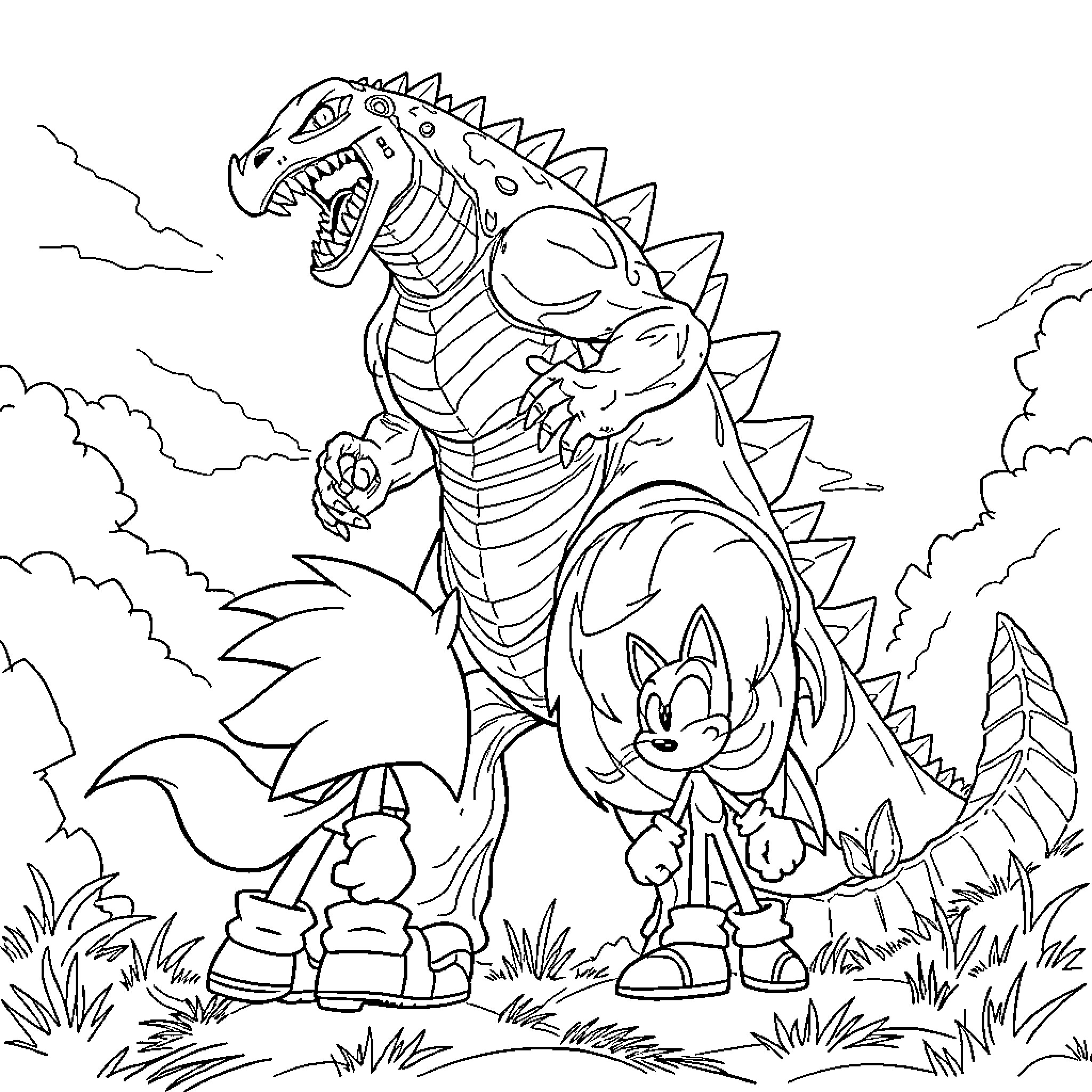Sonic and Knuckles battling a giant monster Coloring Page (free black-and-white line drawing printable PDF for all, from beginners to advanced learners, including children, teens, adults, and seniors)