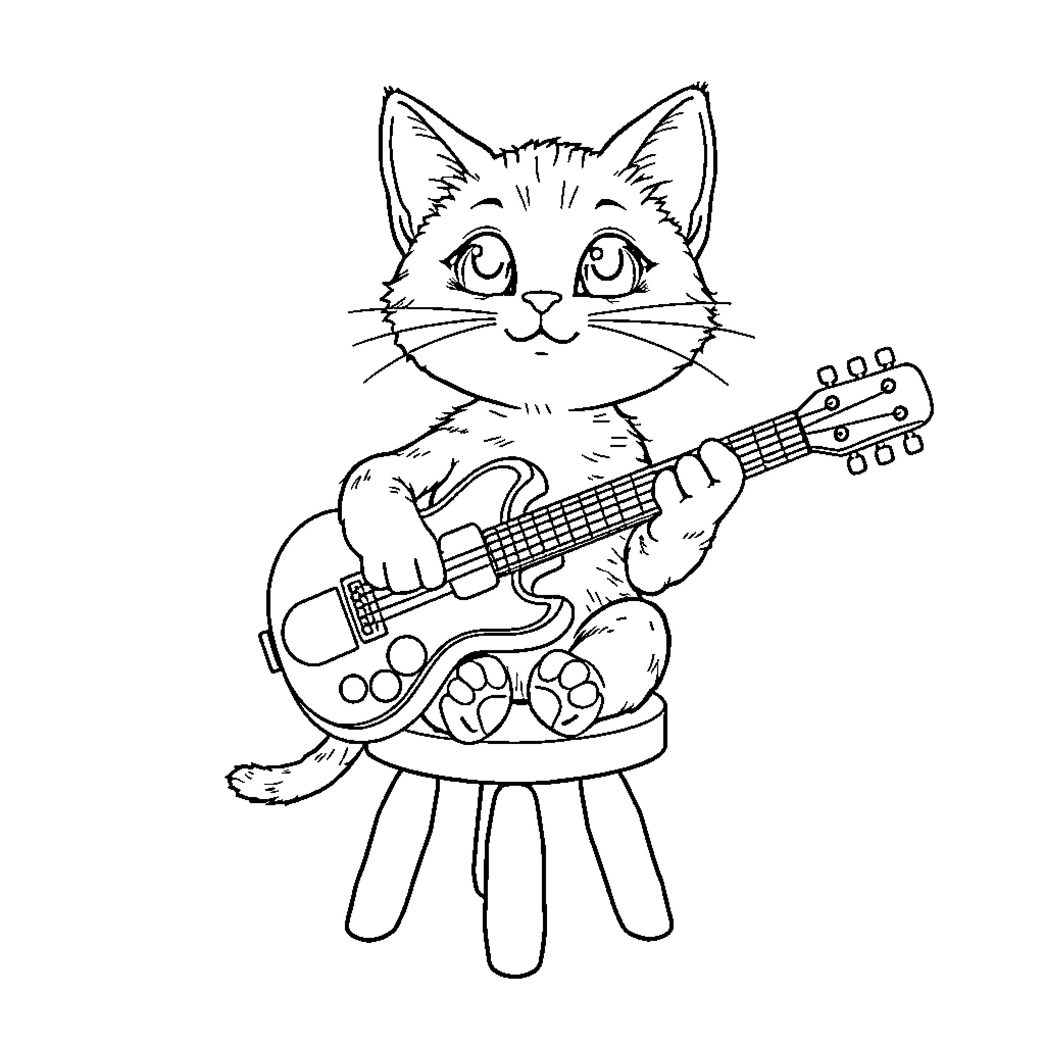 Kitty Cat Musician Playing Guitar Coloring Page (free black-and-white line drawing printable PDF for all, from beginners to advanced learners, including children, teens, adults, and seniors)