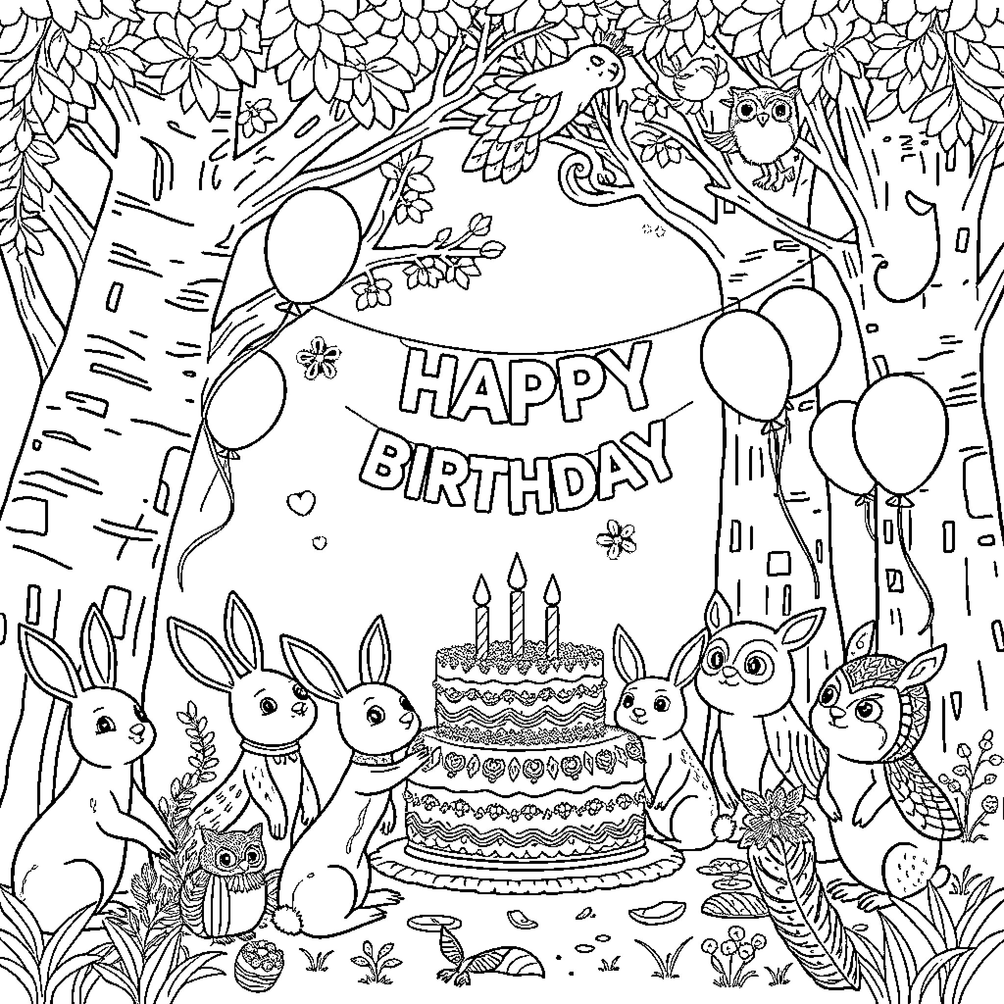 Creature celebrating a joyful birthday party in nature Coloring Page (free black-and-white line drawing printable PDF for all, from beginners to advanced learners, including children, teens, adults, and seniors)