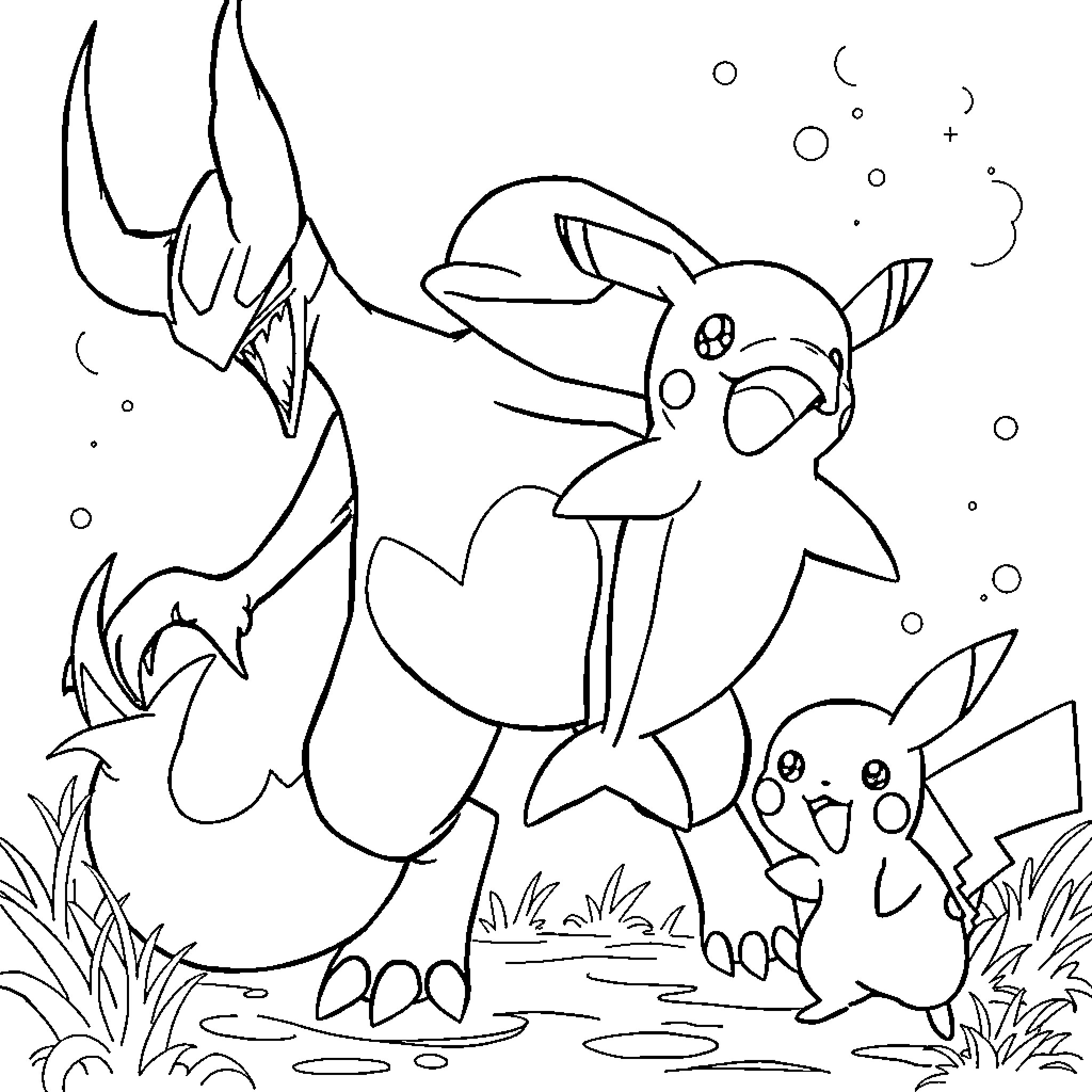 Pokémon characters playing in nature Coloring Page (free black-and-white line drawing printable PDF for all, from beginners to advanced learners, including children, teens, adults, and seniors)