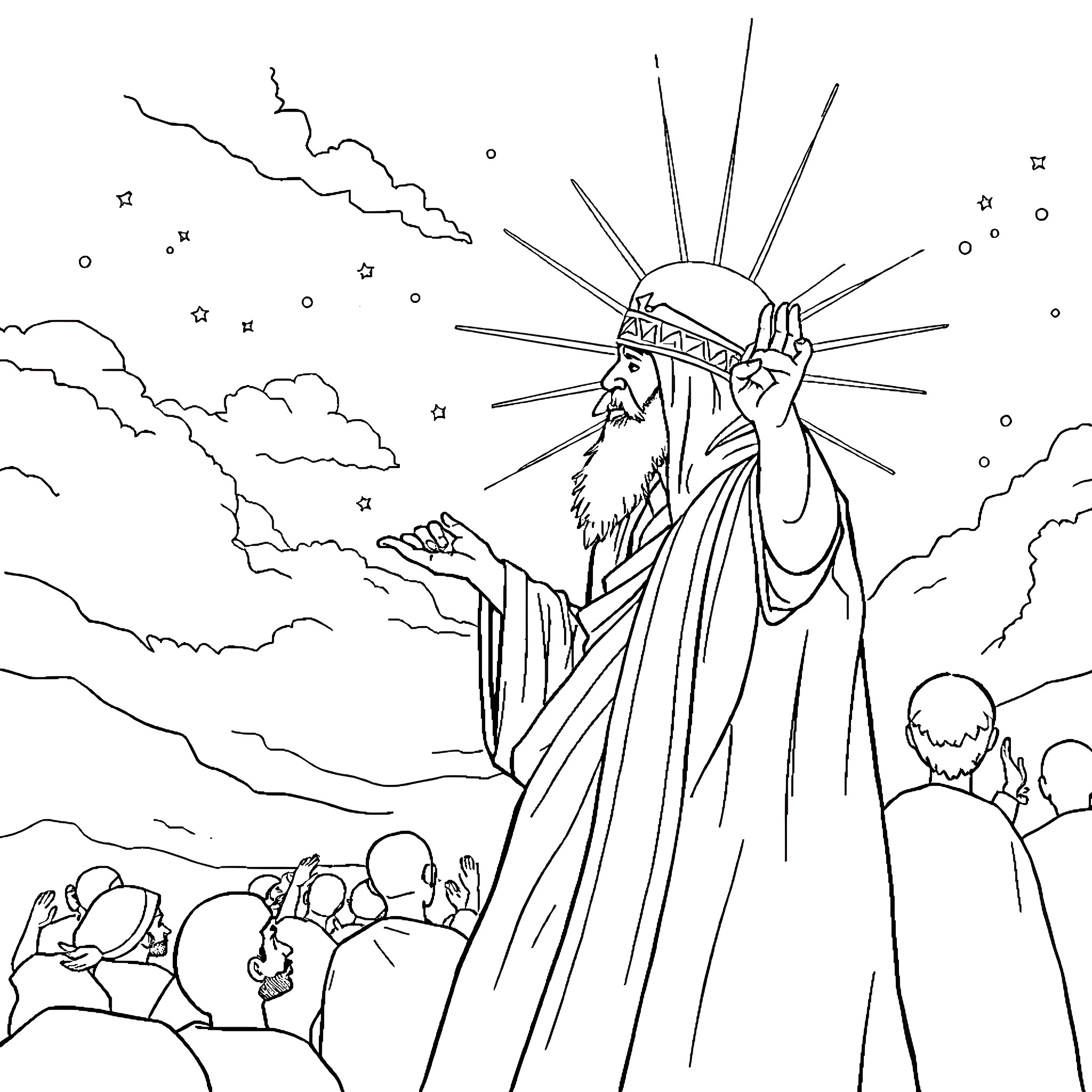 Mahdi's Celestial Revelation to the Faithful Coloring Page (free black-and-white line drawing printable PDF for all, from beginners to advanced learners, including children, teens, adults, and seniors)