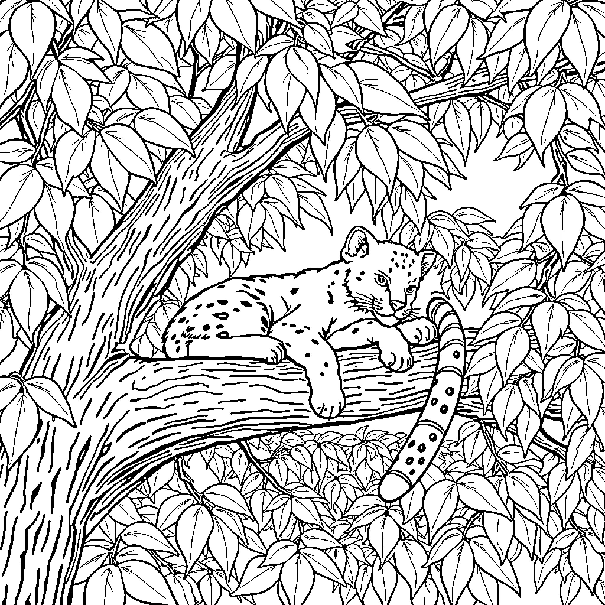 Bearcat napping peacefully in the foliage Coloring Page (free black-and-white line drawing printable PDF for all, from beginners to advanced learners, including children, teens, adults, and seniors)