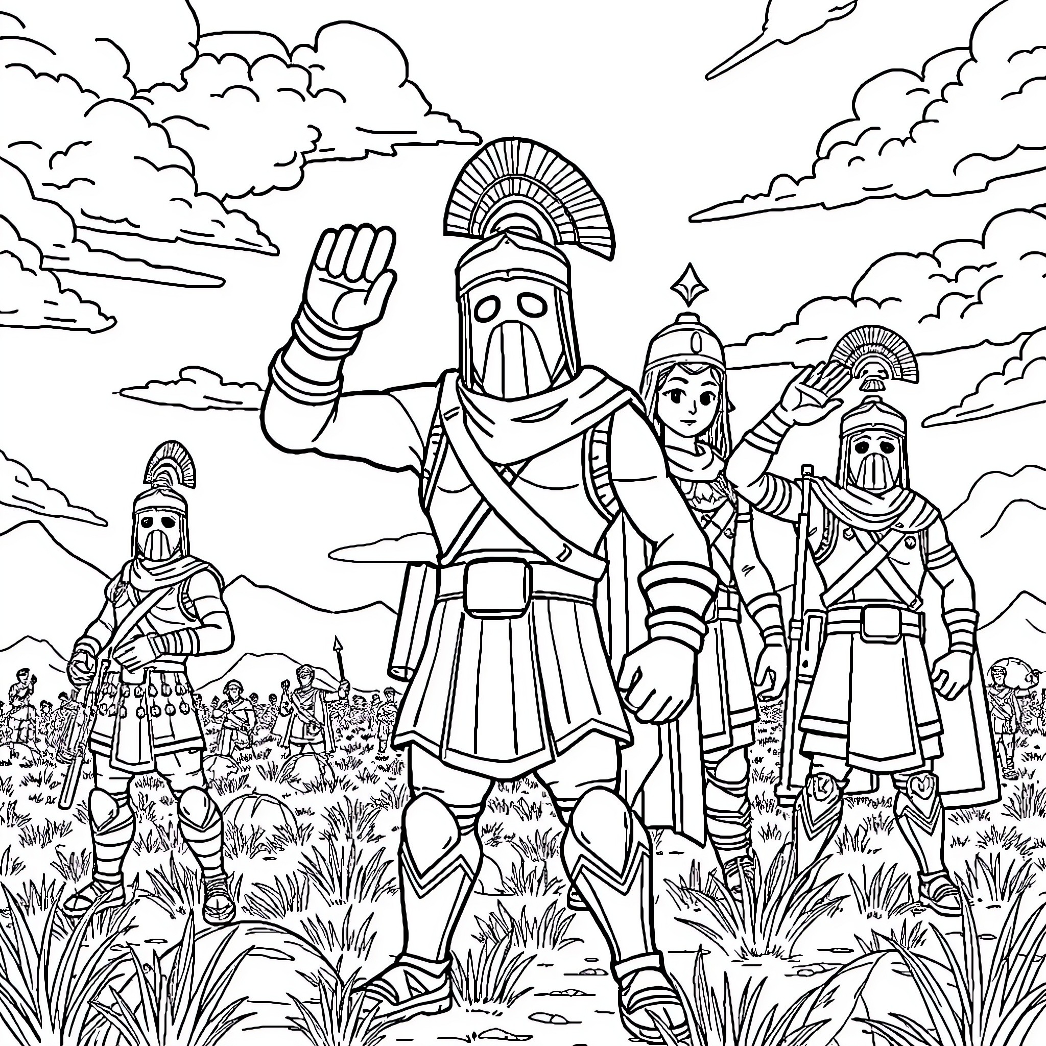 Fortnite Character Soldiers Charging Into Battle Coloring Page (free black-and-white line drawing printable PDF for all, from beginners to advanced learners, including children, teens, adults, and seniors)