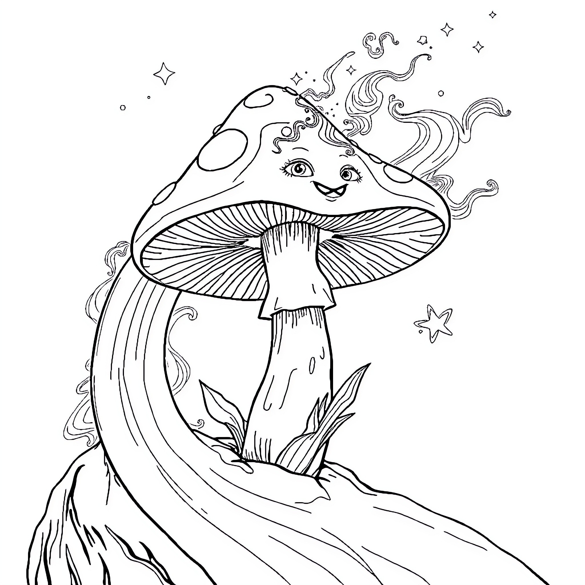 Champignon swirls and spirits in the mystic mushroom scene Coloring Page (free black-and-white line drawing printable PDF for all, from beginners to advanced learners, including children, teens, adults, and seniors)