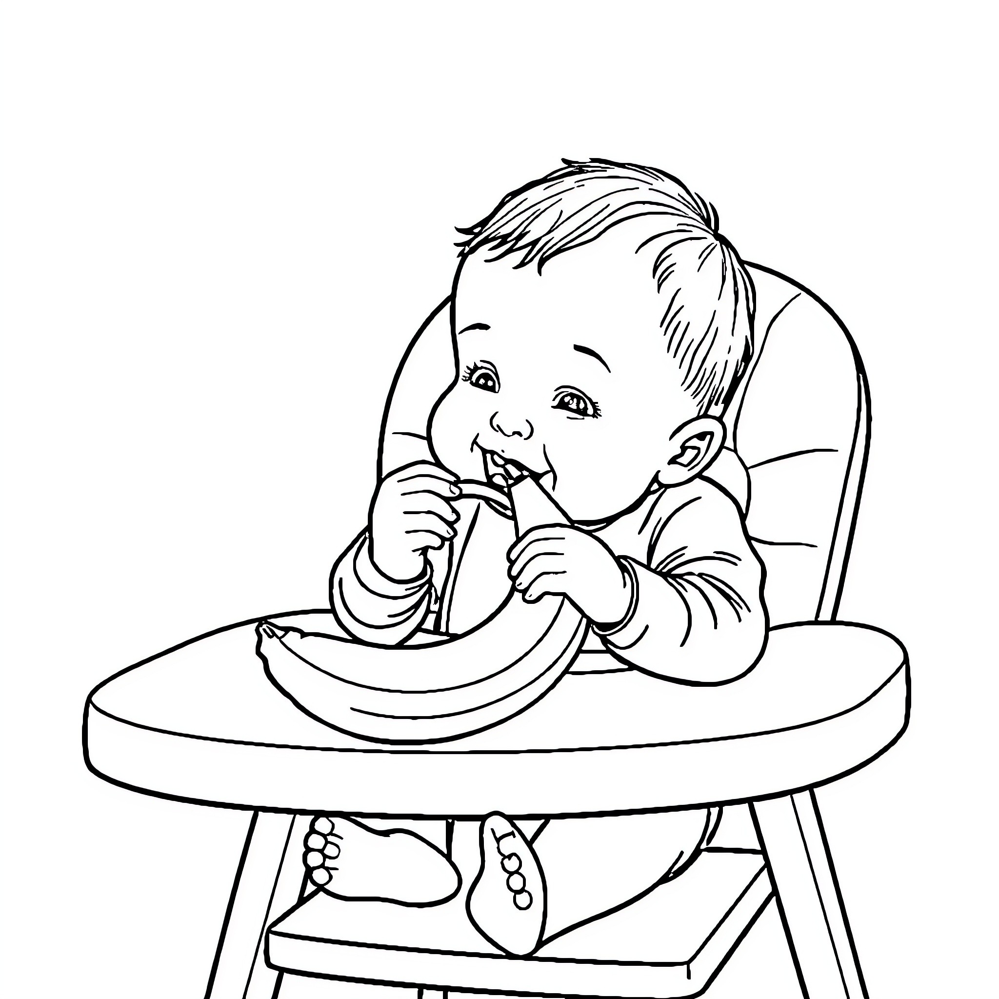 Baby happily eating a snack in high chair Coloring Page (free black-and-white line drawing printable PDF for all, from beginners to advanced learners, including children, teens, adults, and seniors)