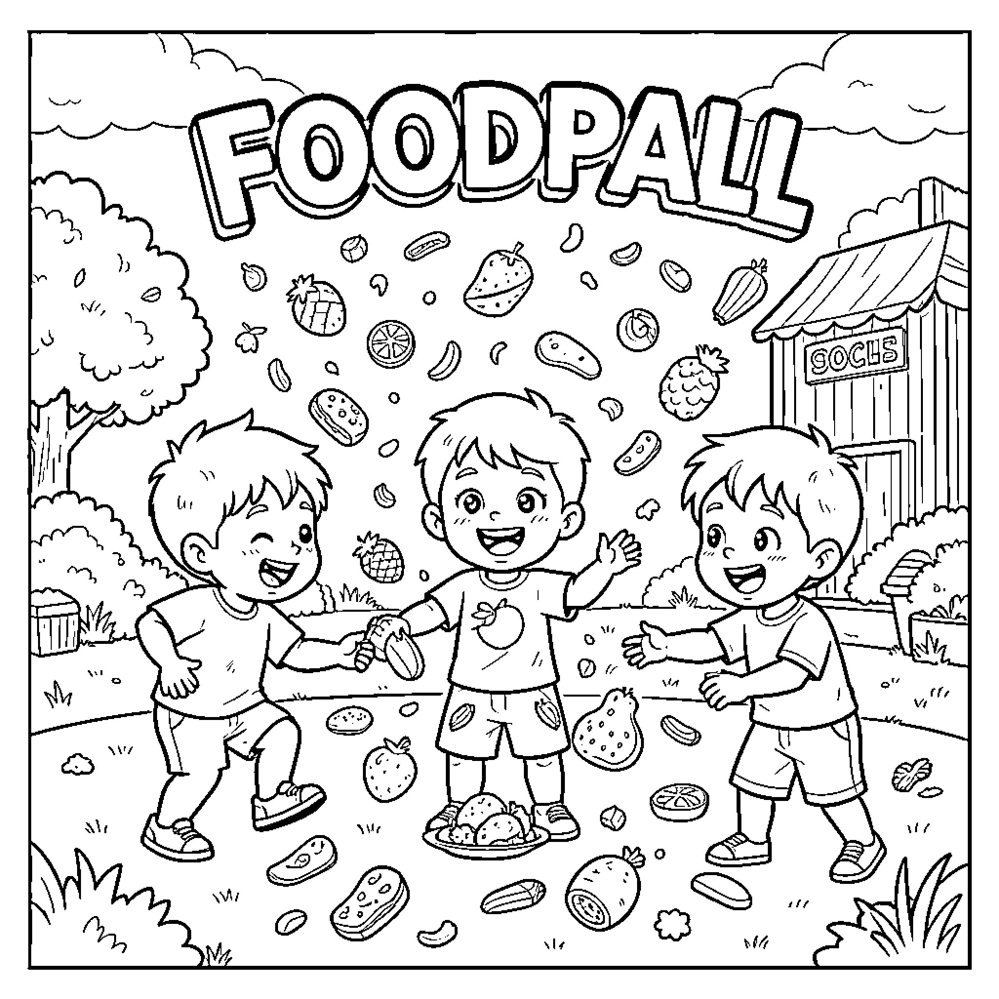 Foodfall of treats falling on joyful playing children Coloring Page (free black-and-white line drawing printable PDF for all, from beginners to advanced learners, including children, teens, adults, and seniors)