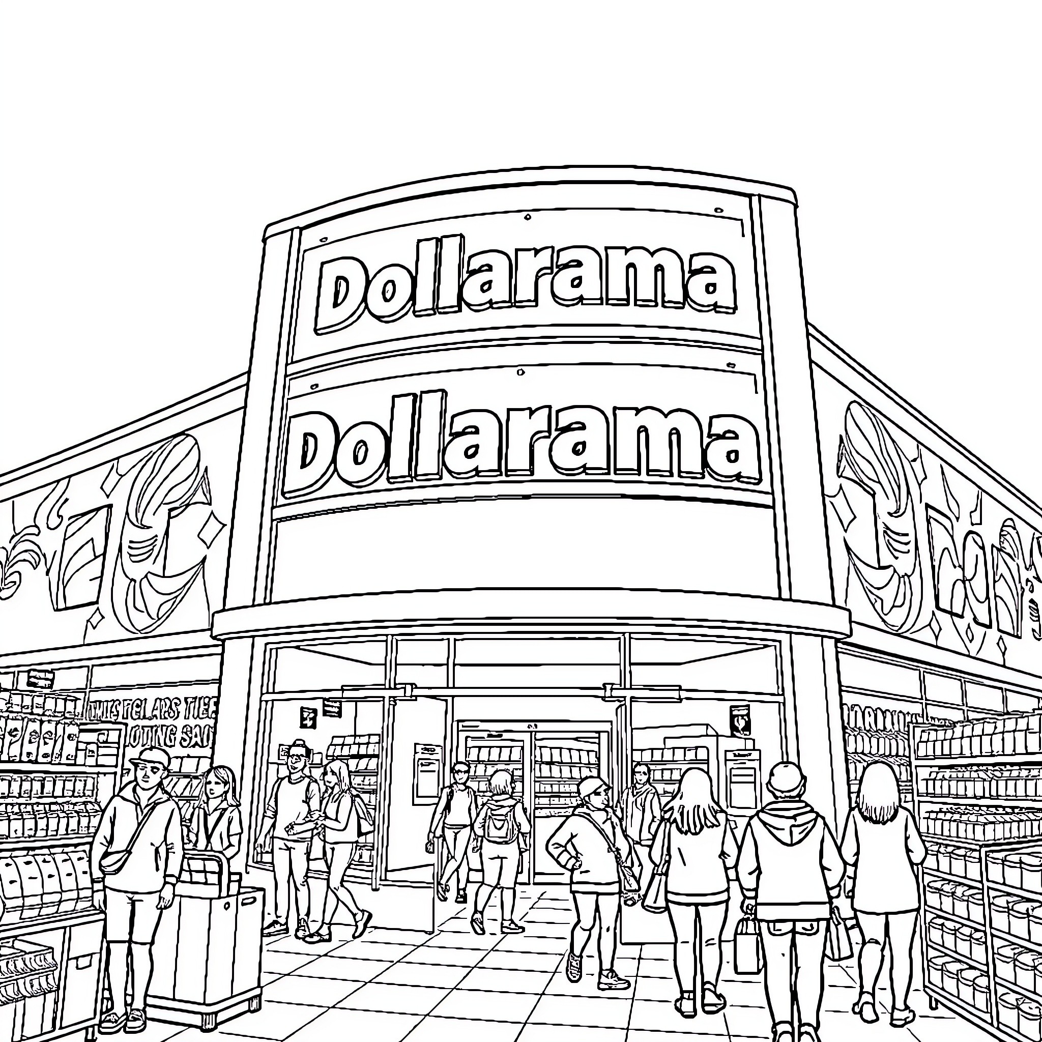 Dollarama store with people shopping inside Coloring Page (free black-and-white line drawing printable PDF for all, from beginners to advanced learners, including children, teens, adults, and seniors)
