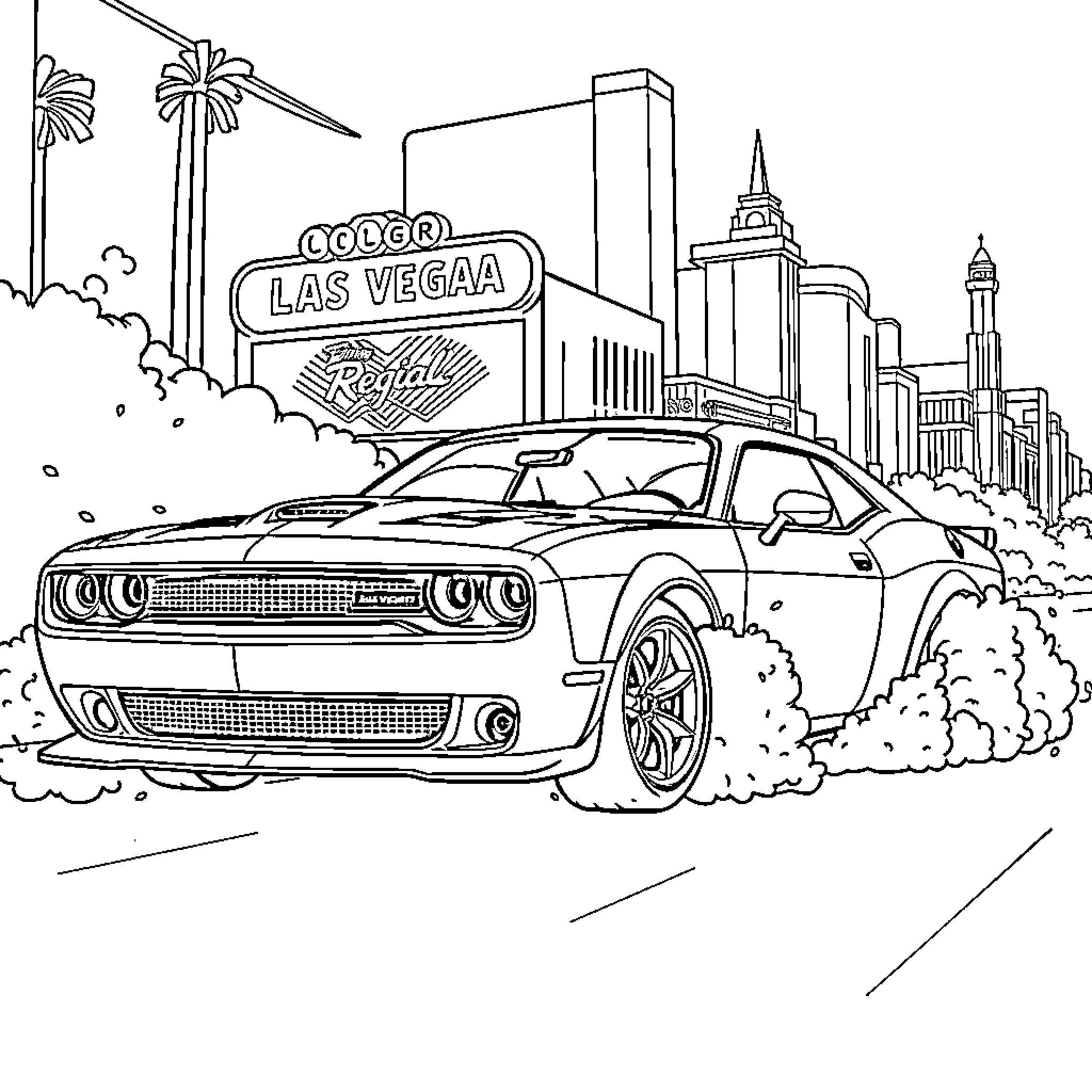 Charger parked on the streets of Las Vegas Coloring Page (free black-and-white line drawing printable PDF for all, from beginners to advanced learners, including children, teens, adults, and seniors)