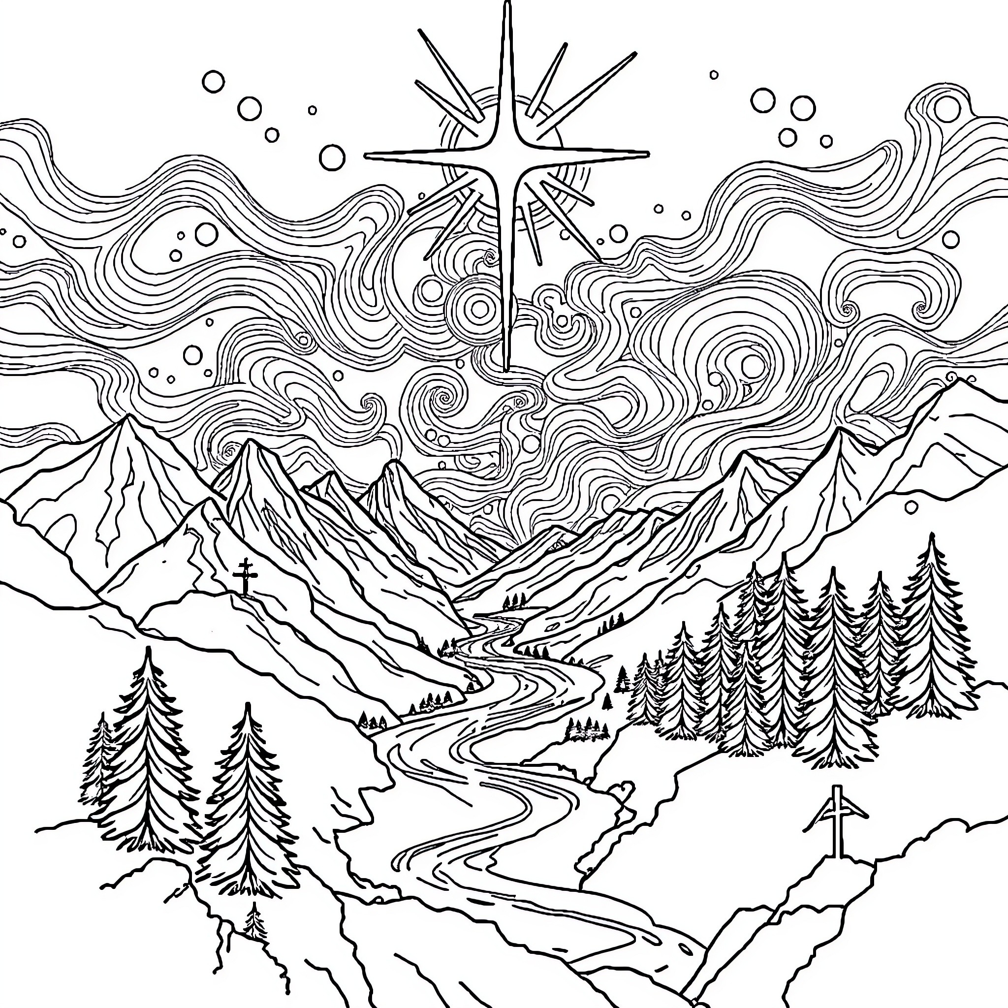 God's Celestial Radiance over Majestic Mountains Coloring Page (free black-and-white line drawing printable PDF for all, from beginners to advanced learners, including children, teens, adults, and seniors)