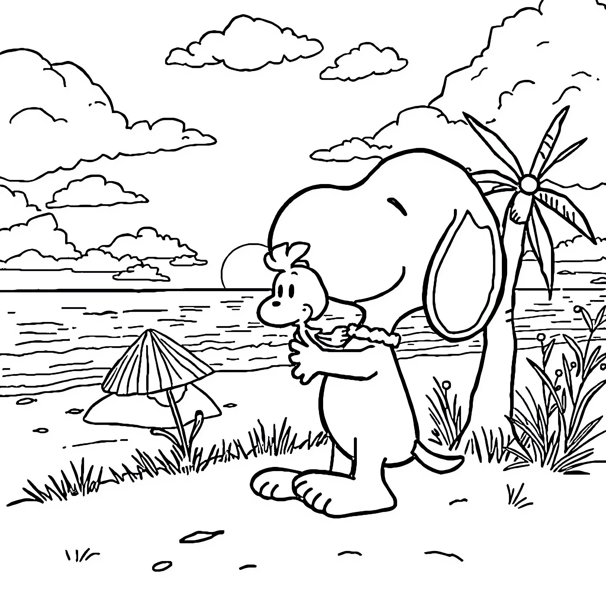 Snoopy enjoying a sunny day at the beach Coloring Page (free black-and-white line drawing printable PDF for all, from beginners to advanced learners, including children, teens, adults, and seniors)