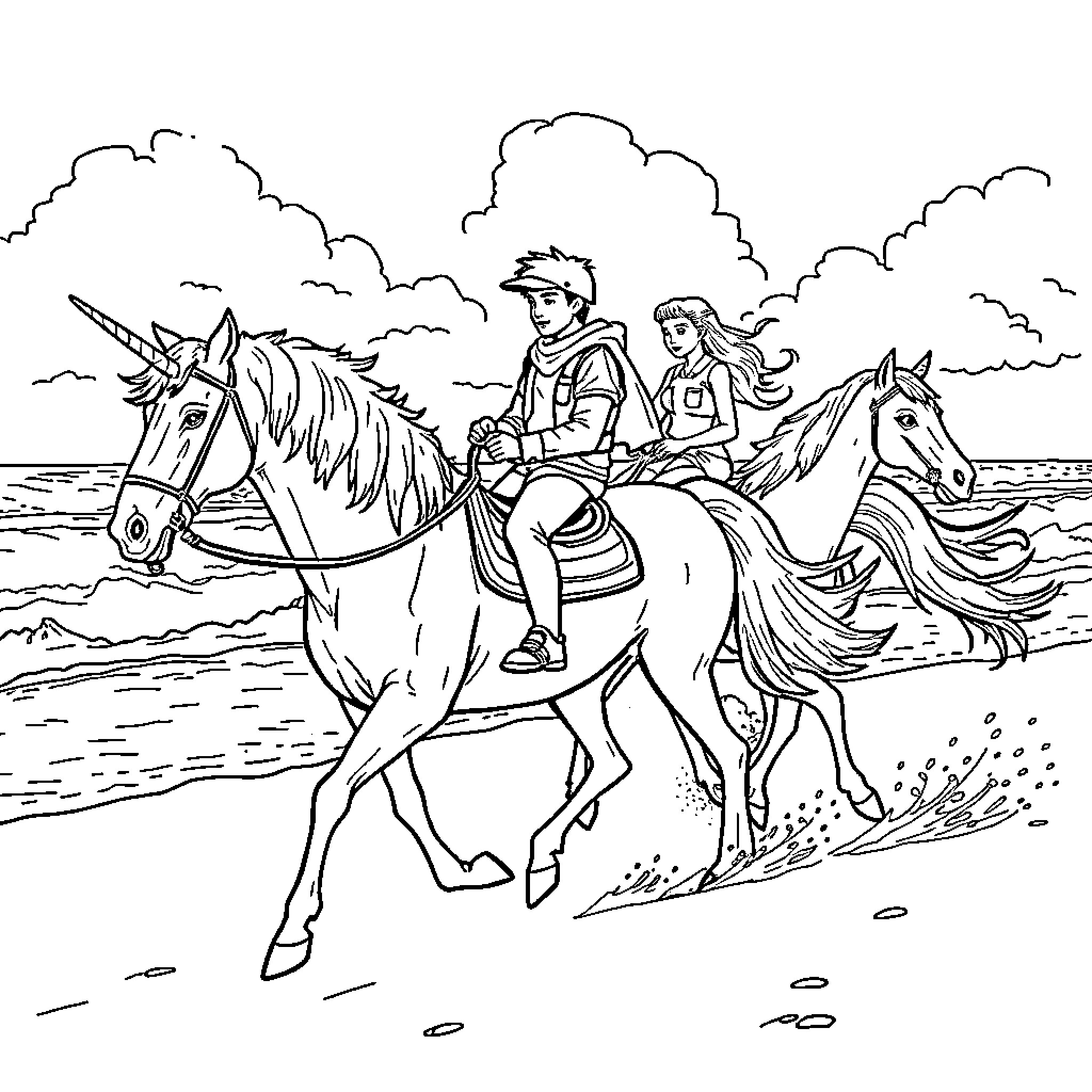 Unicorn Riders Galloping Through the Waves Coloring Page (free black-and-white line drawing printable PDF for all, from beginners to advanced learners, including children, teens, adults, and seniors)