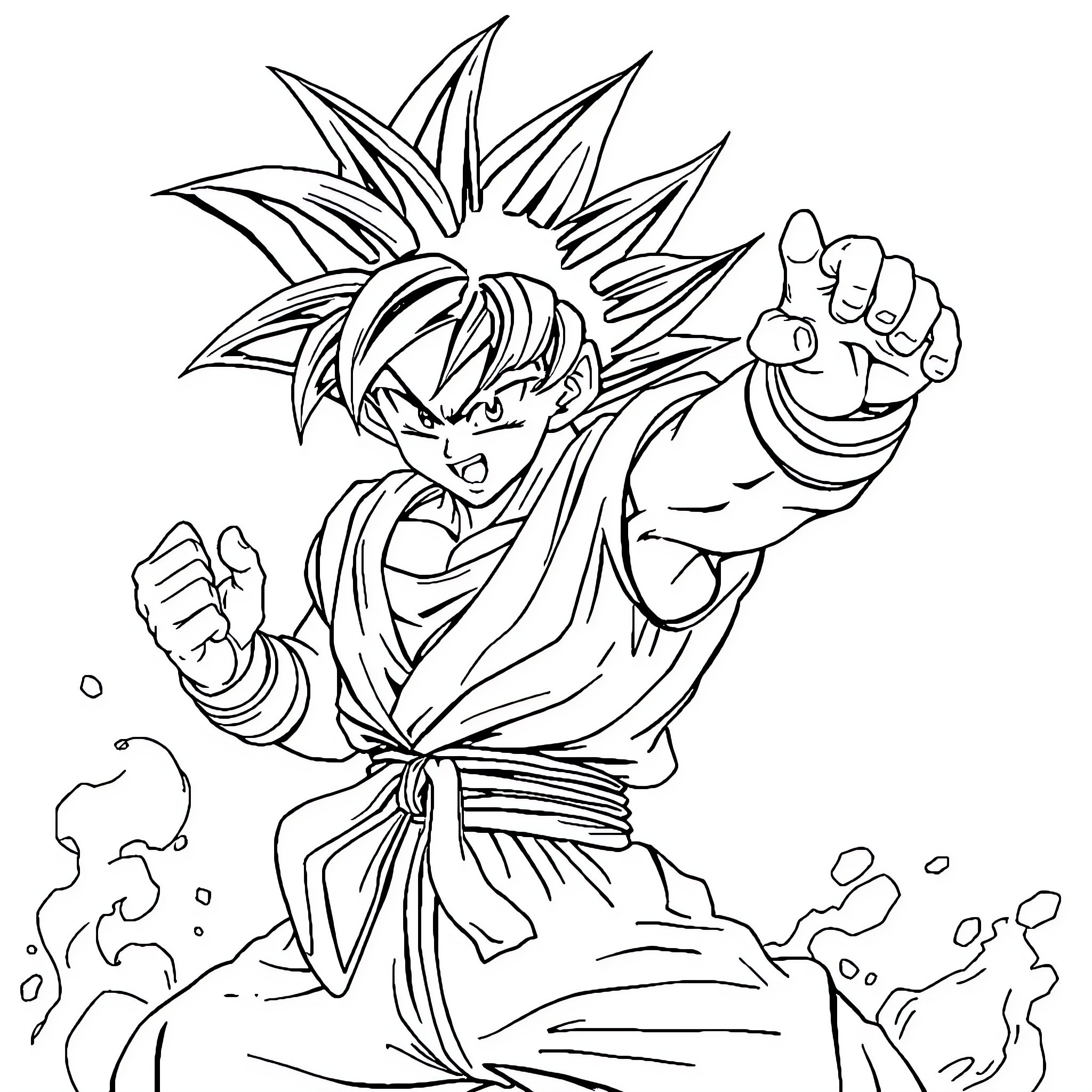 Goku in intense fighting stance Coloring Page (free black-and-white line drawing printable PDF for all, from beginners to advanced learners, including children, teens, adults, and seniors)