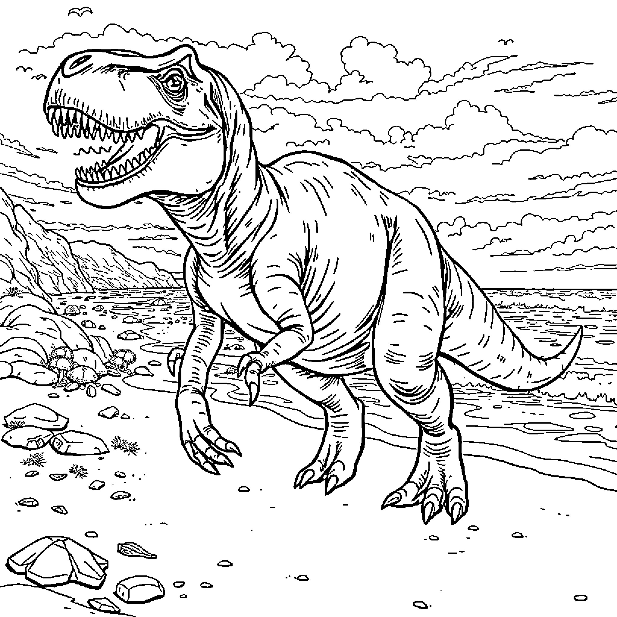 T-Rex roaming the prehistoric landscape Coloring Page (free black-and-white line drawing printable PDF for all, from beginners to advanced learners, including children, teens, adults, and seniors)