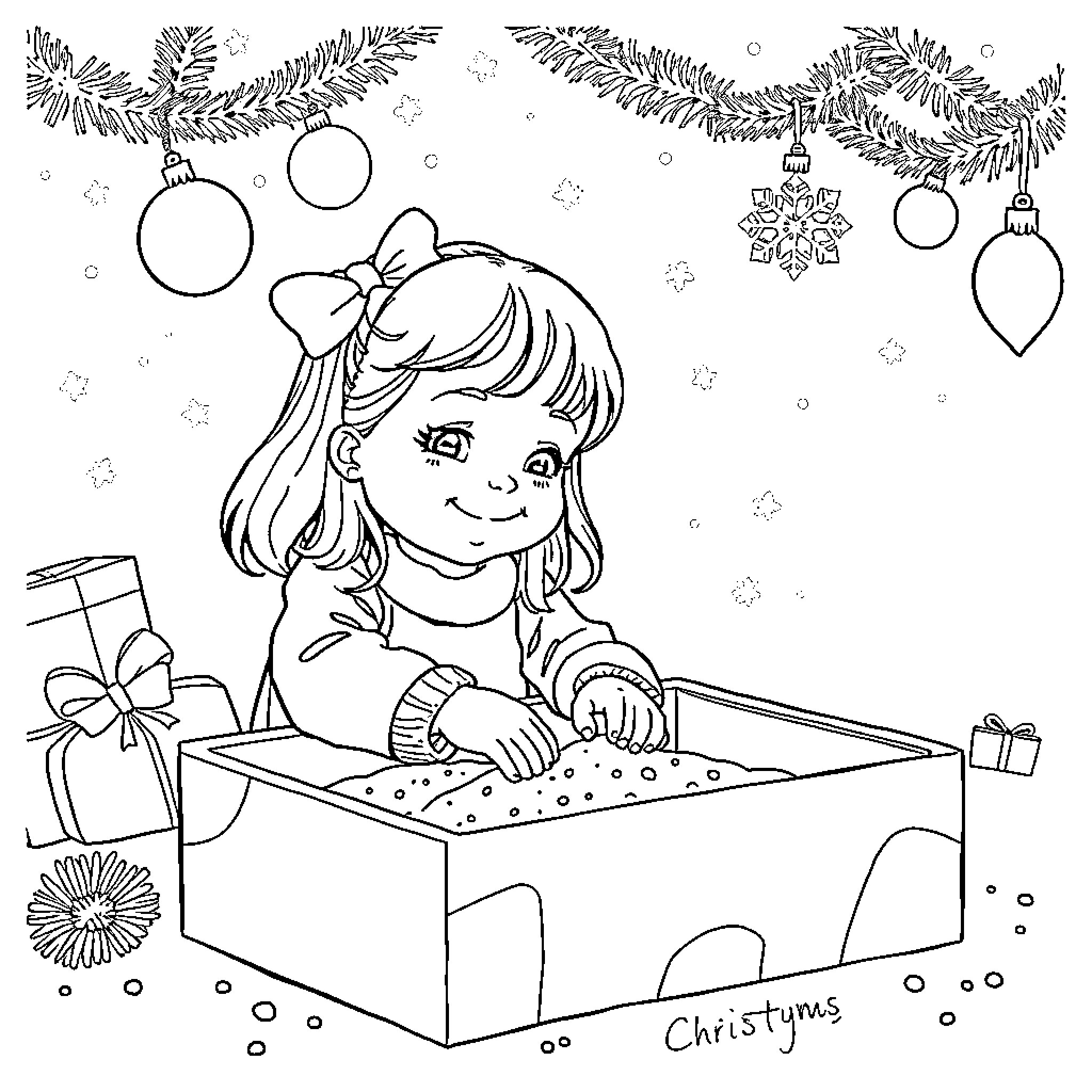 Girl decorating Christmas tree with presents Coloring Page (free black-and-white line drawing printable PDF for all, from beginners to advanced learners, including children, teens, adults, and seniors)