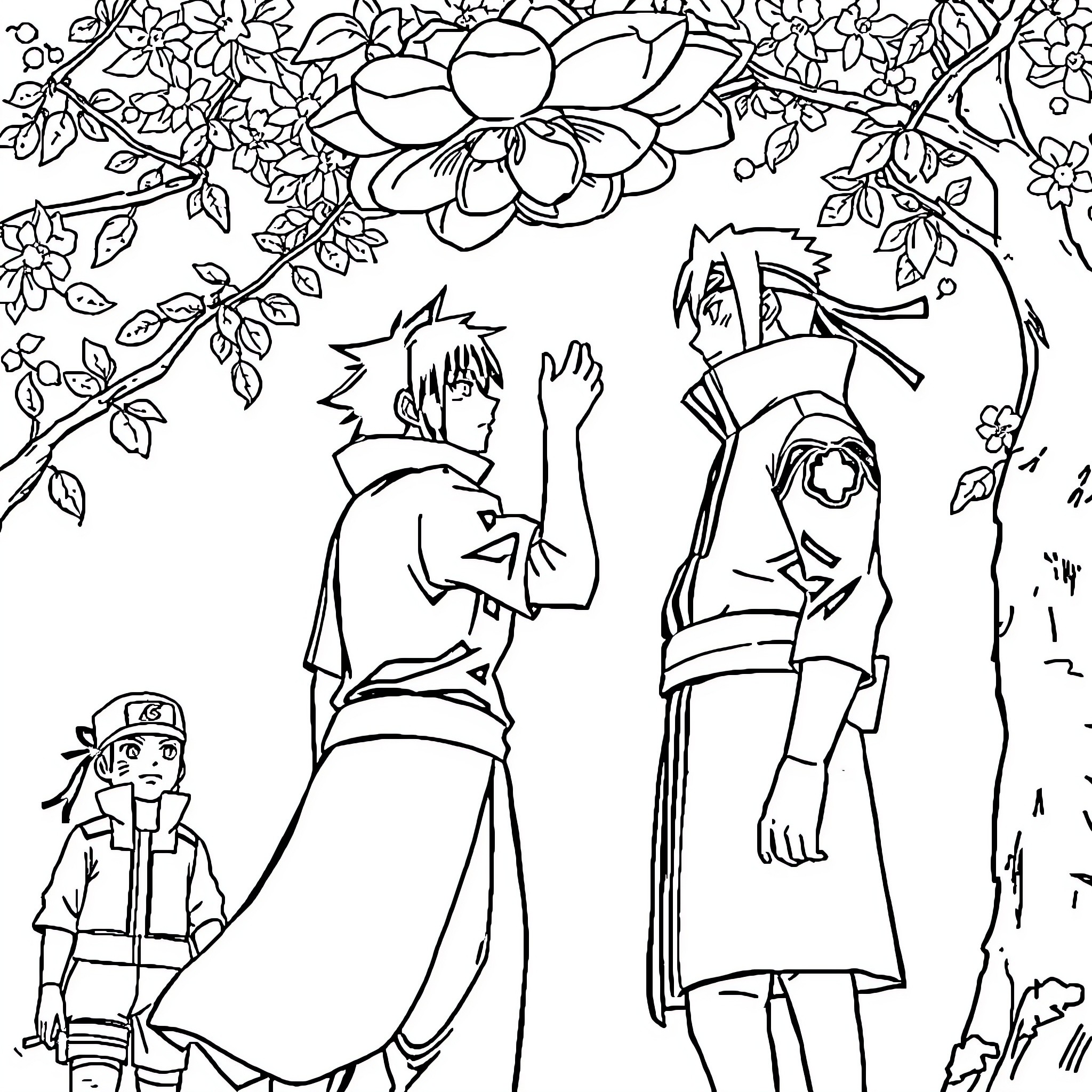 Sasuke and Friends in Vibrant Nature Coloring Page (free black-and-white line drawing printable PDF for all, from beginners to advanced learners, including children, teens, adults, and seniors)