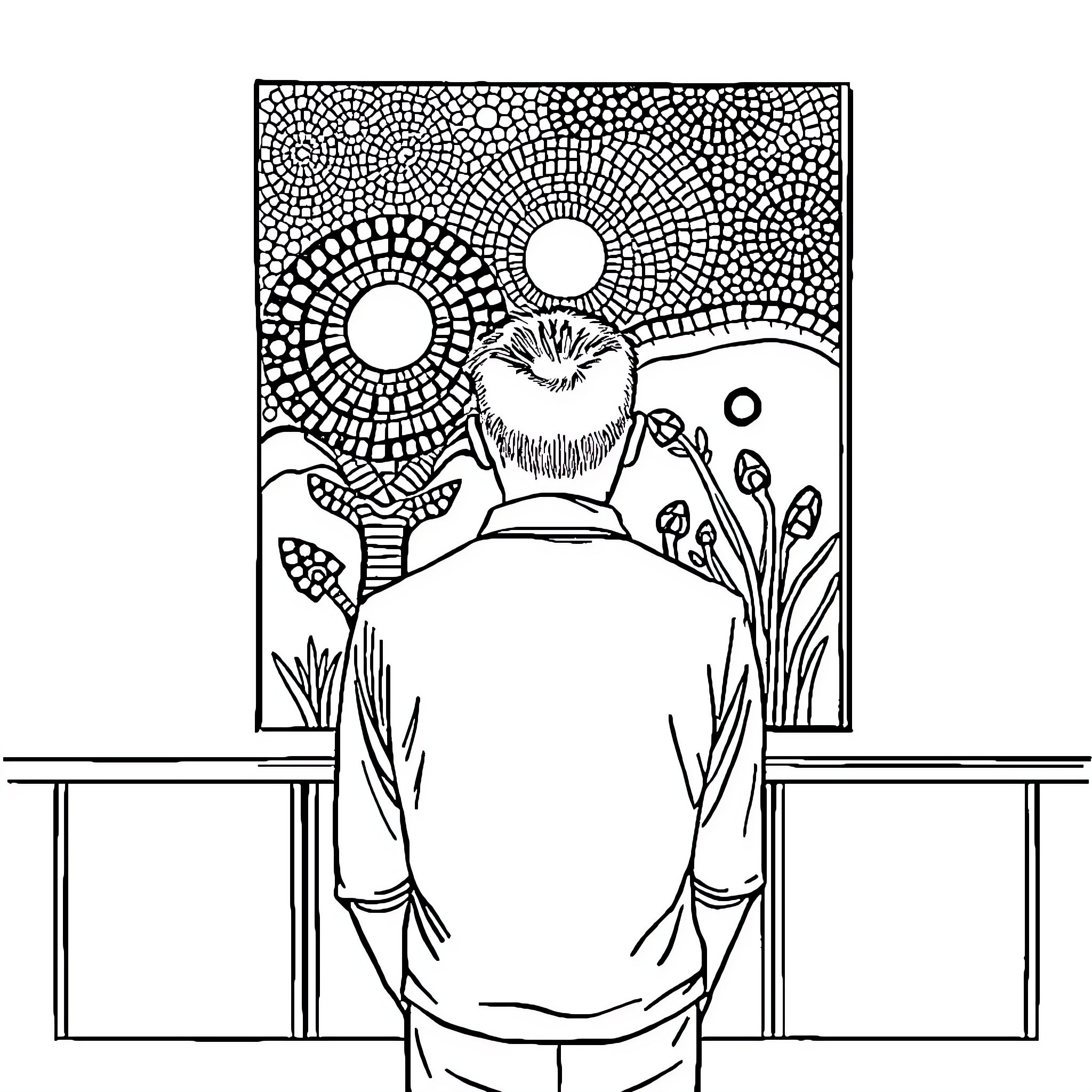 Man standing before a mosaic scene Coloring Page (free black-and-white line drawing printable PDF for all, from beginners to advanced learners, including children, teens, adults, and seniors)