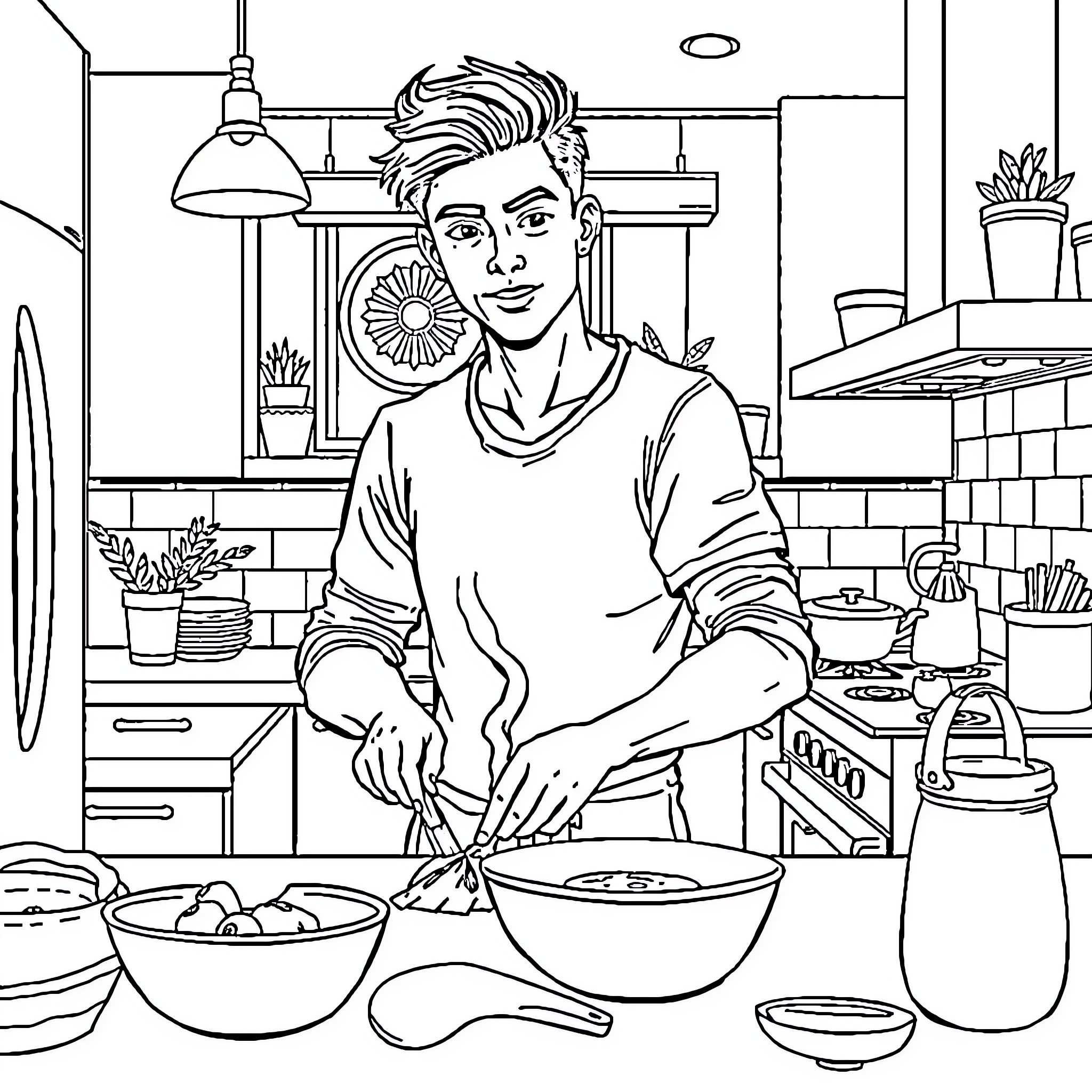 Pemuda Cooking Meals in the Kitchen Coloring Page (free black-and-white line drawing printable PDF for all, from beginners to advanced learners, including children, teens, adults, and seniors)