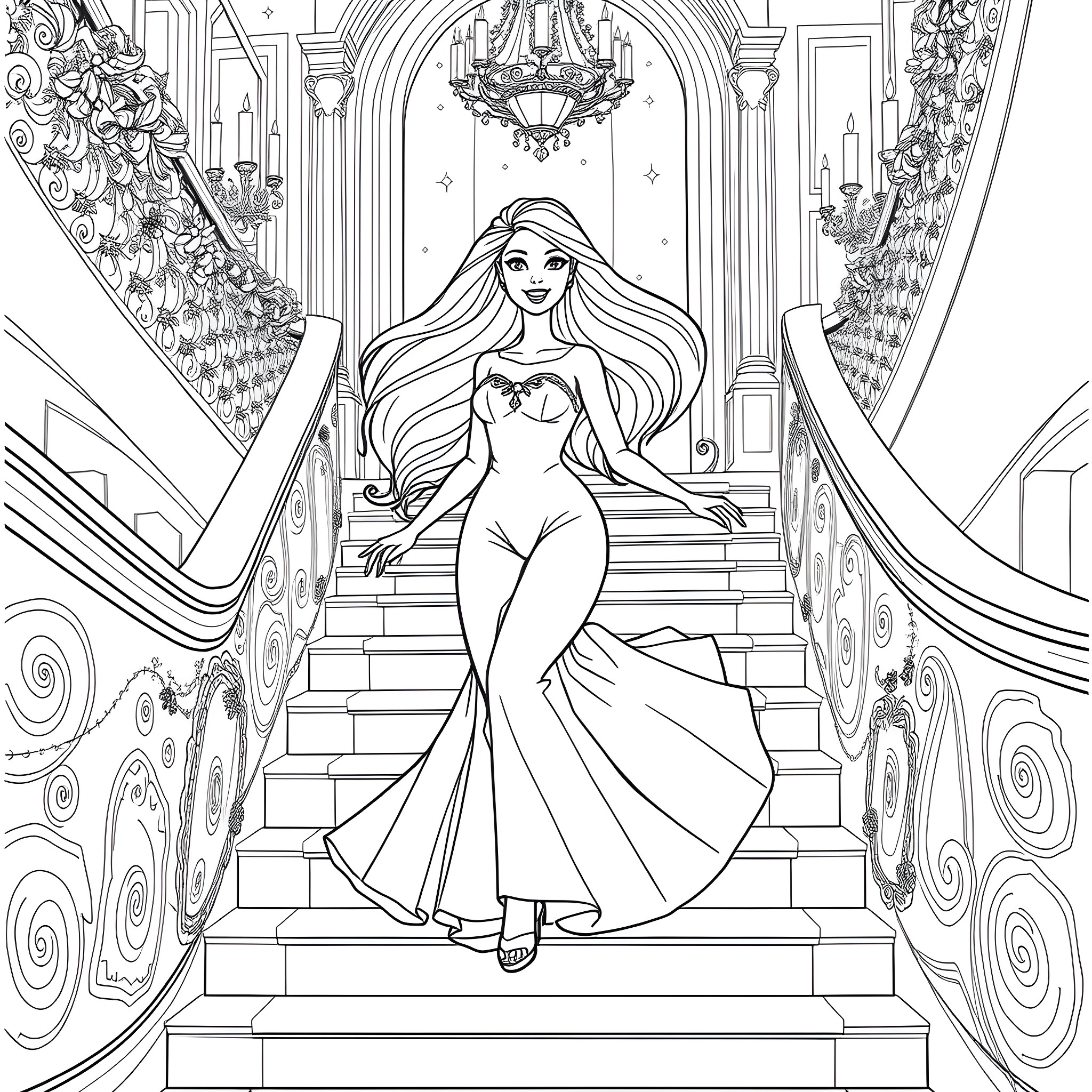 Barbie posing elegantly on grand staircase Coloring Page (free black-and-white line drawing printable PDF for all, from beginners to advanced learners, including children, teens, adults, and seniors)