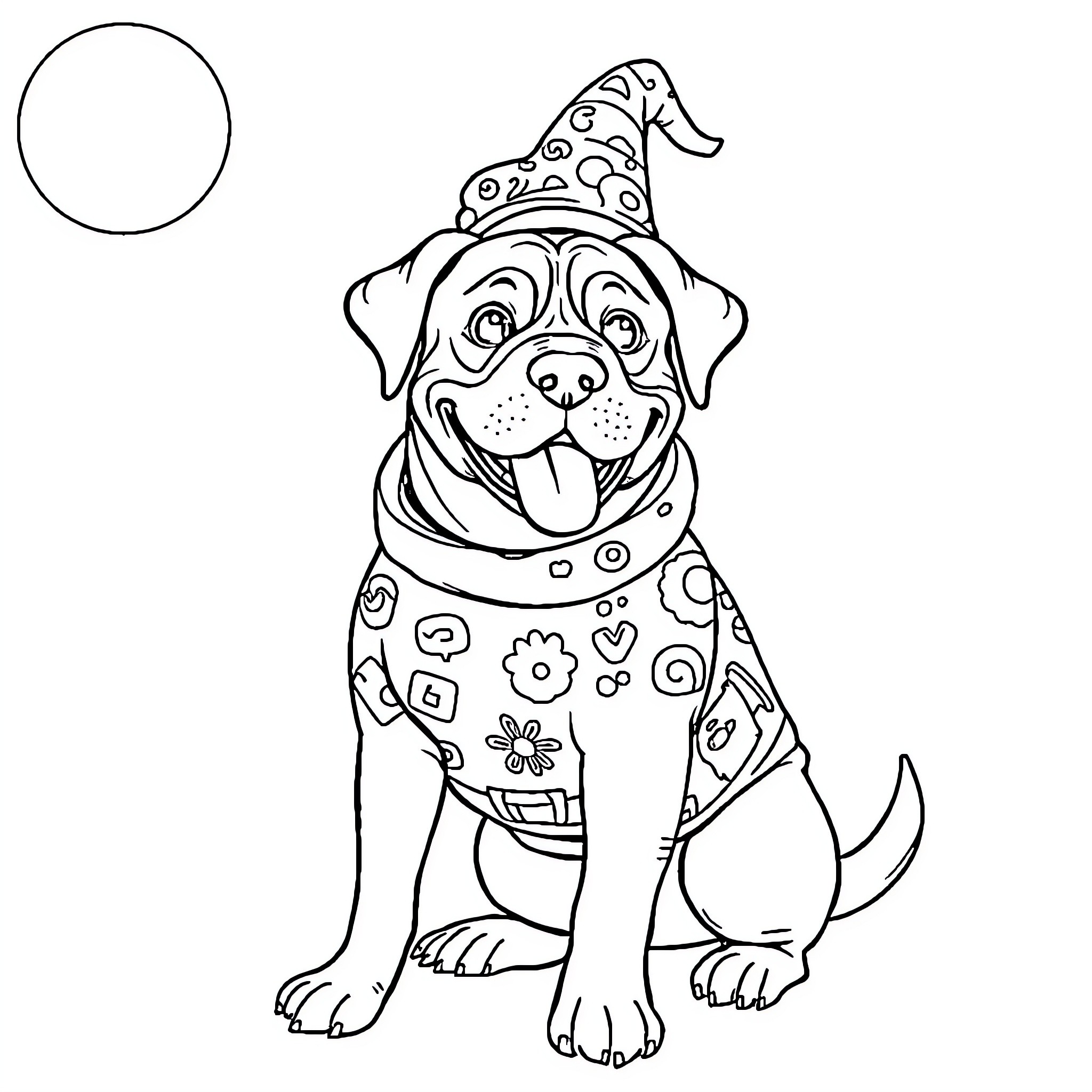 Dog wearing a patterned hat and scarf Coloring Page (free black-and-white line drawing printable PDF for all, from beginners to advanced learners, including children, teens, adults, and seniors)