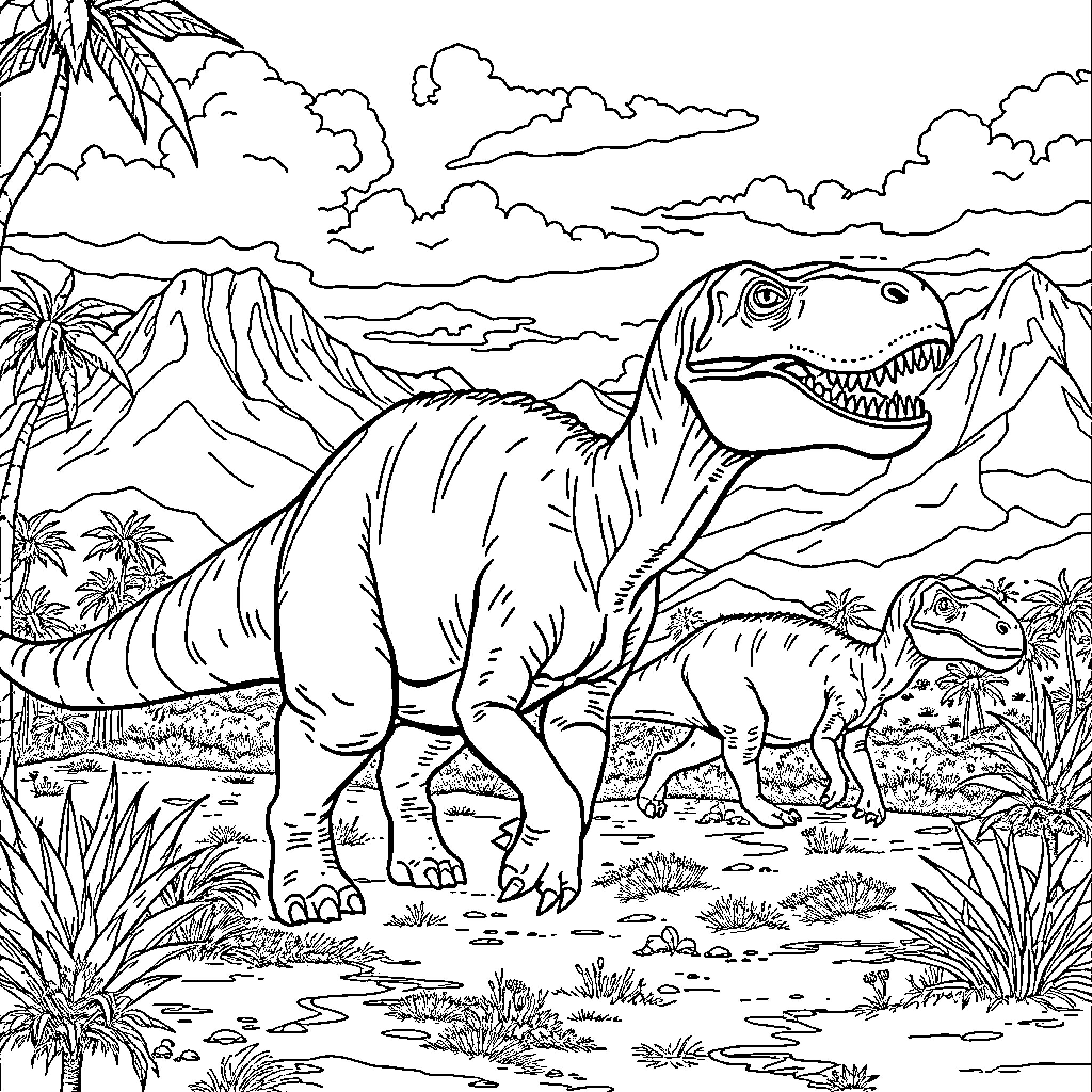 Dinosaurs Roaming Prehistoric Landscape Coloring Page (free black-and-white line drawing printable PDF for all, from beginners to advanced learners, including children, teens, adults, and seniors)
