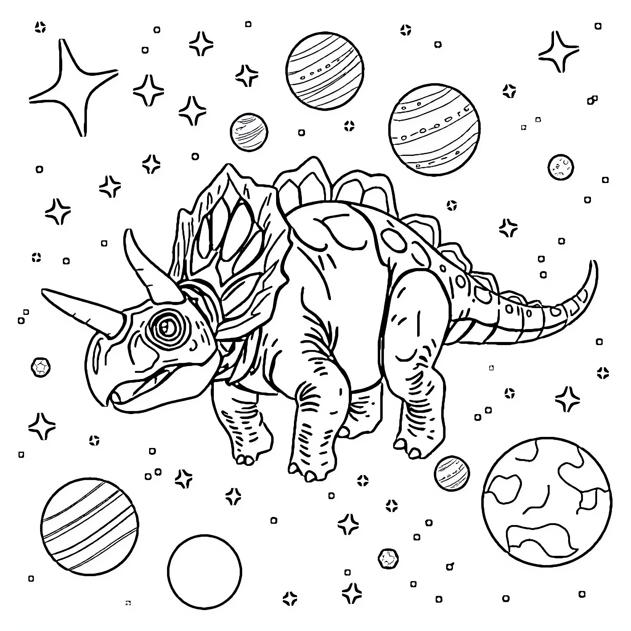 Triceratops exploring the cosmos Coloring Page (free black-and-white line drawing printable PDF for all, from beginners to advanced learners, including children, teens, adults, and seniors)