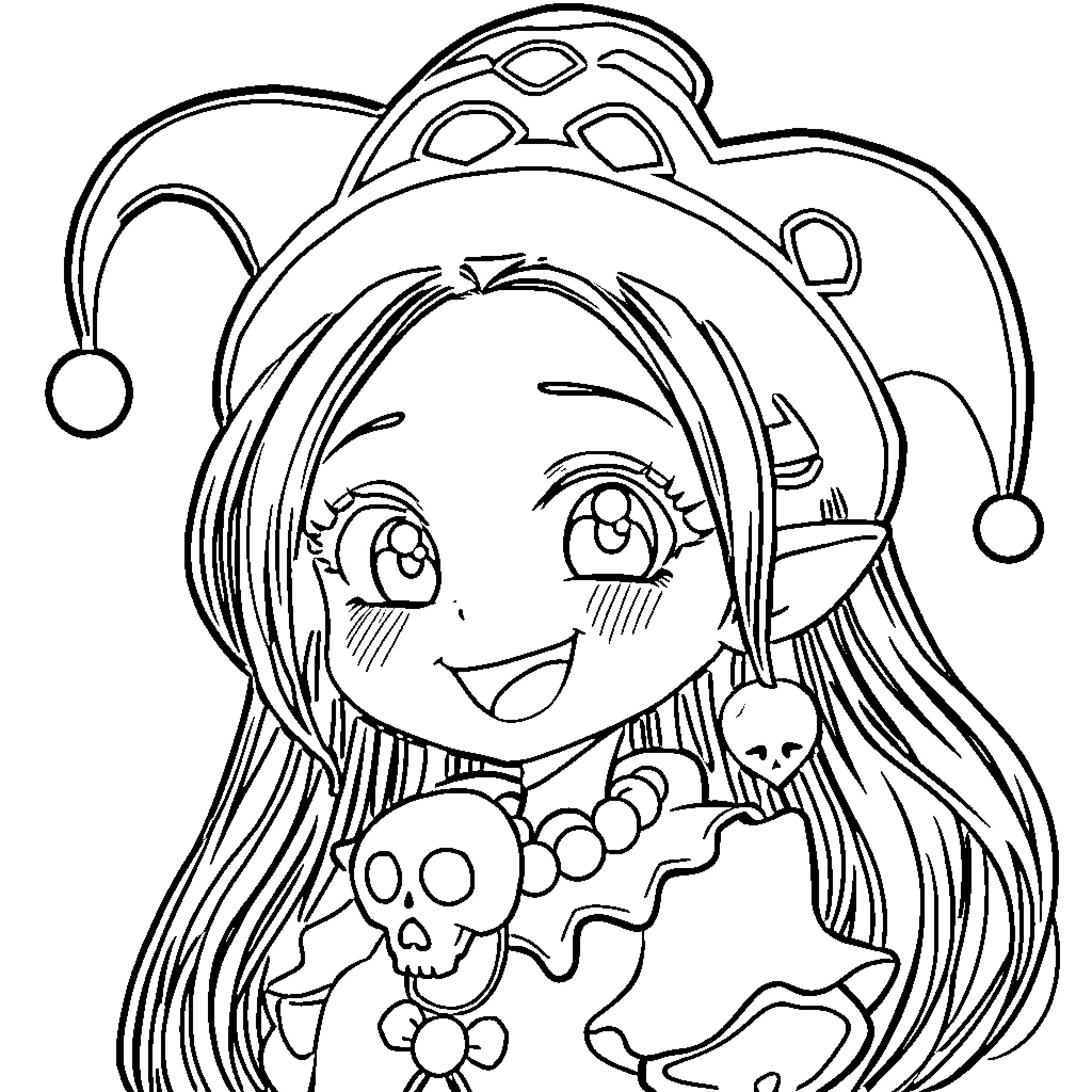 Kuromi in a jester hat with playful expressions Coloring Page (free black-and-white line drawing printable PDF for all, from beginners to advanced learners, including children, teens, adults, and seniors)