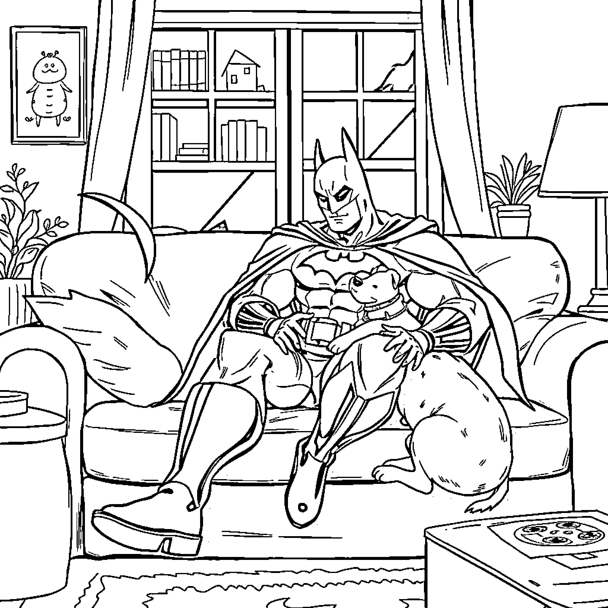 Batman relaxing at home with pet Coloring Page (free black-and-white line drawing printable PDF for all, from beginners to advanced learners, including children, teens, adults, and seniors)