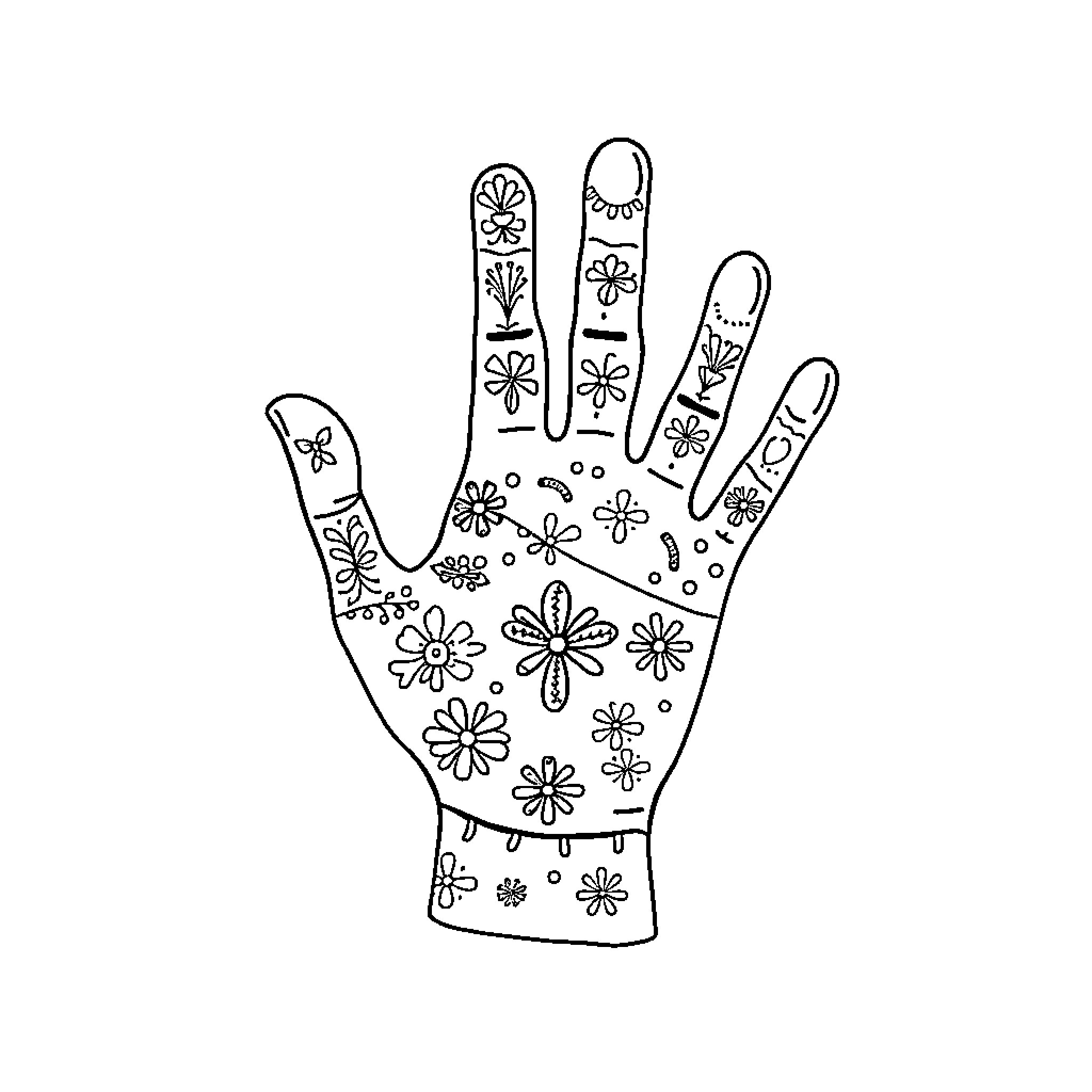 Hand decorated with floral patterns Coloring Page (free black-and-white line drawing printable PDF for all, from beginners to advanced learners, including children, teens, adults, and seniors)