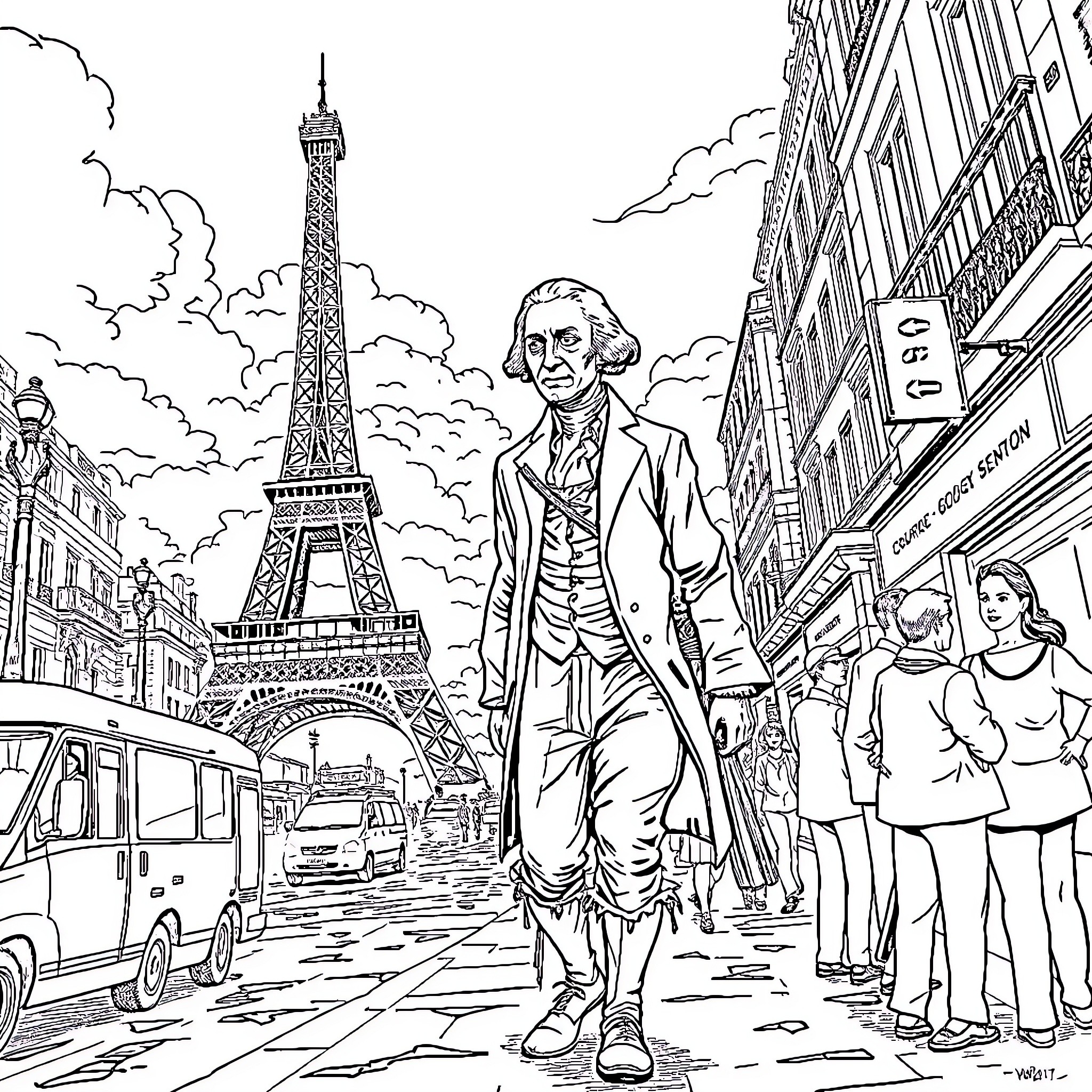 George Washington's Travels in Paris Coloring Page (free black-and-white line drawing printable PDF for all, from beginners to advanced learners, including children, teens, adults, and seniors)